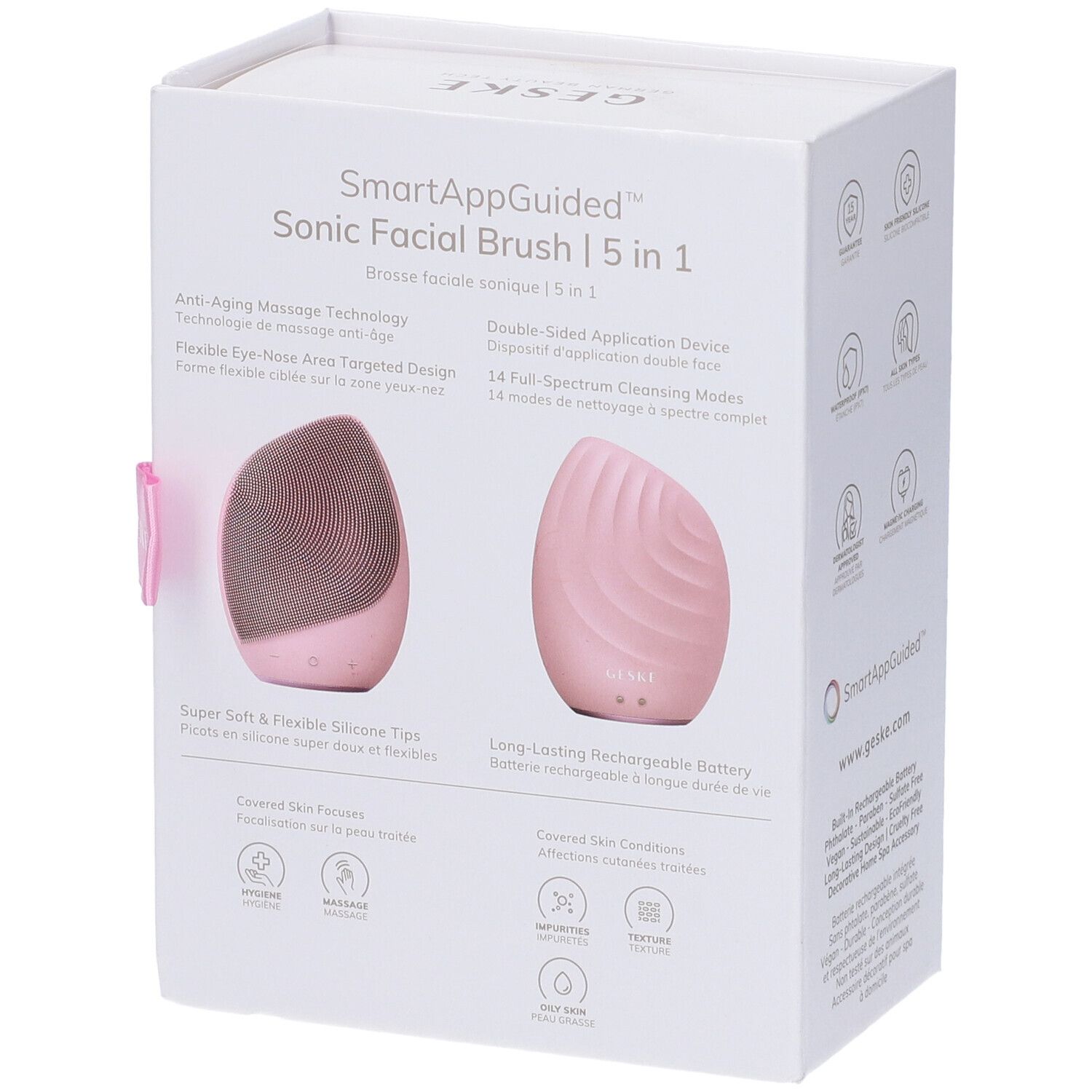 Confezione della spazzola facciale GESKE rosa. Scritte: SmartAppGuided, 5 in 1, Anti-età, 14 modalità.