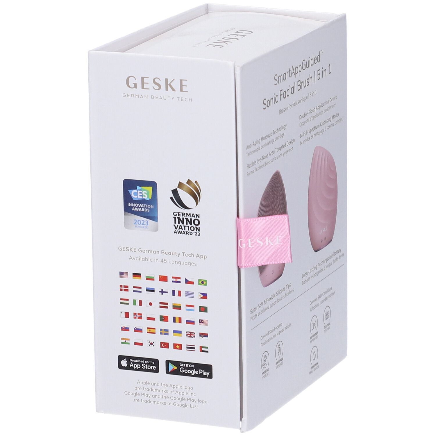 Confezione della spazzola facciale GESKE rosa. Scritte: GESKE, German Innovation Award 2023, German Innov. Award 21.