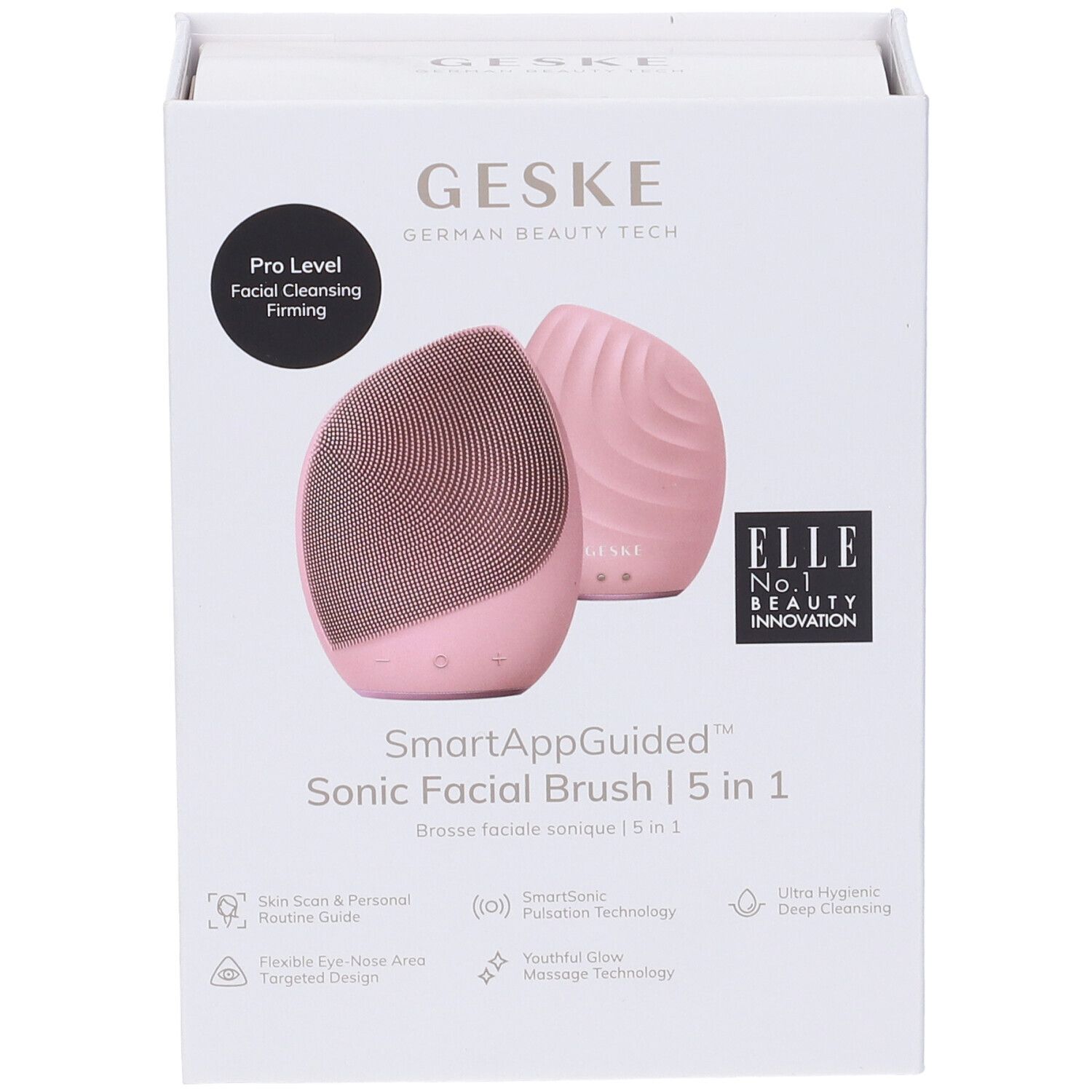 Spazzola facciale GESKE rosa in confezione. Scritte: Pro Level, SmartAppGuided, ELLE Innovation, 5 in 1.