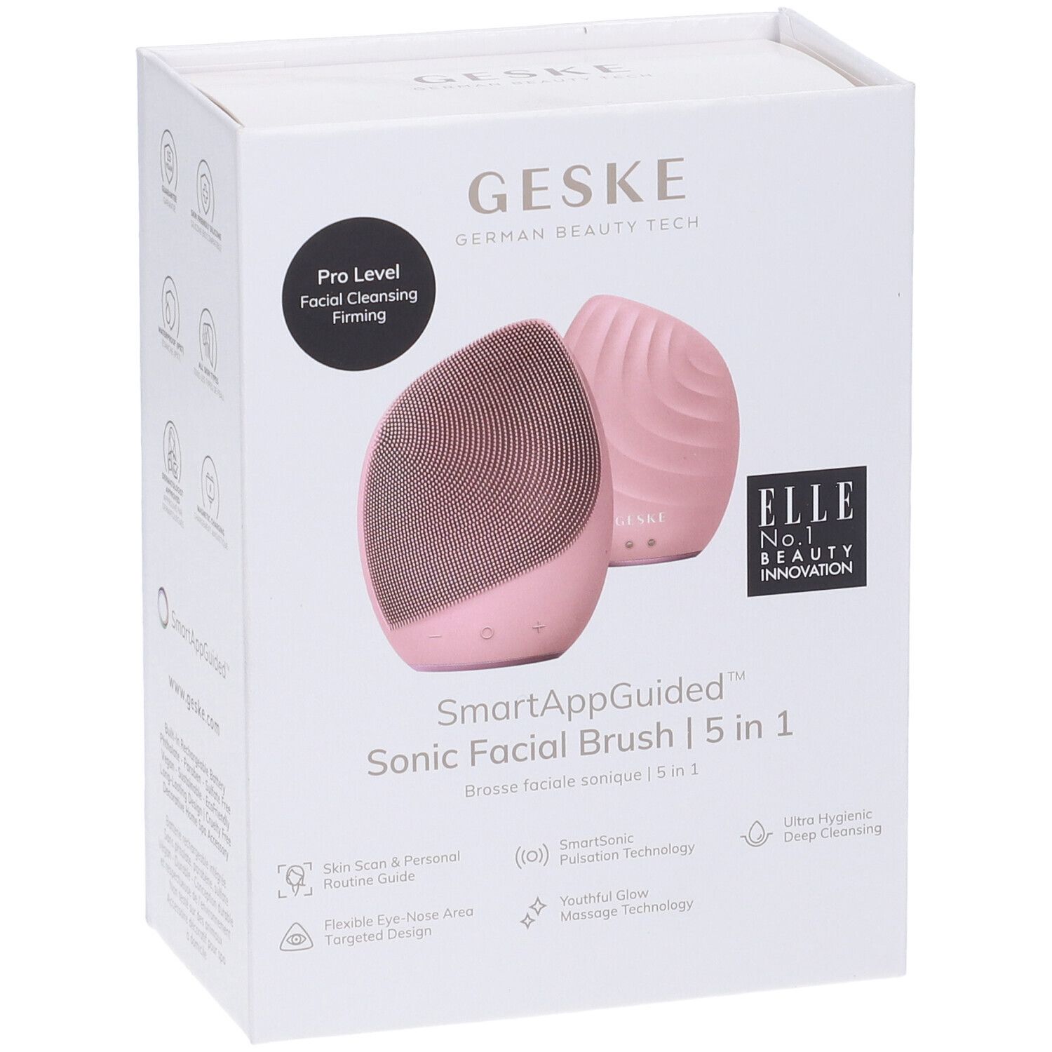 Spazzola facciale GESKE rosa in confezione. Scritte: Pro Level, SmartAppGuided, ELLE Innovation, 5 in 1.