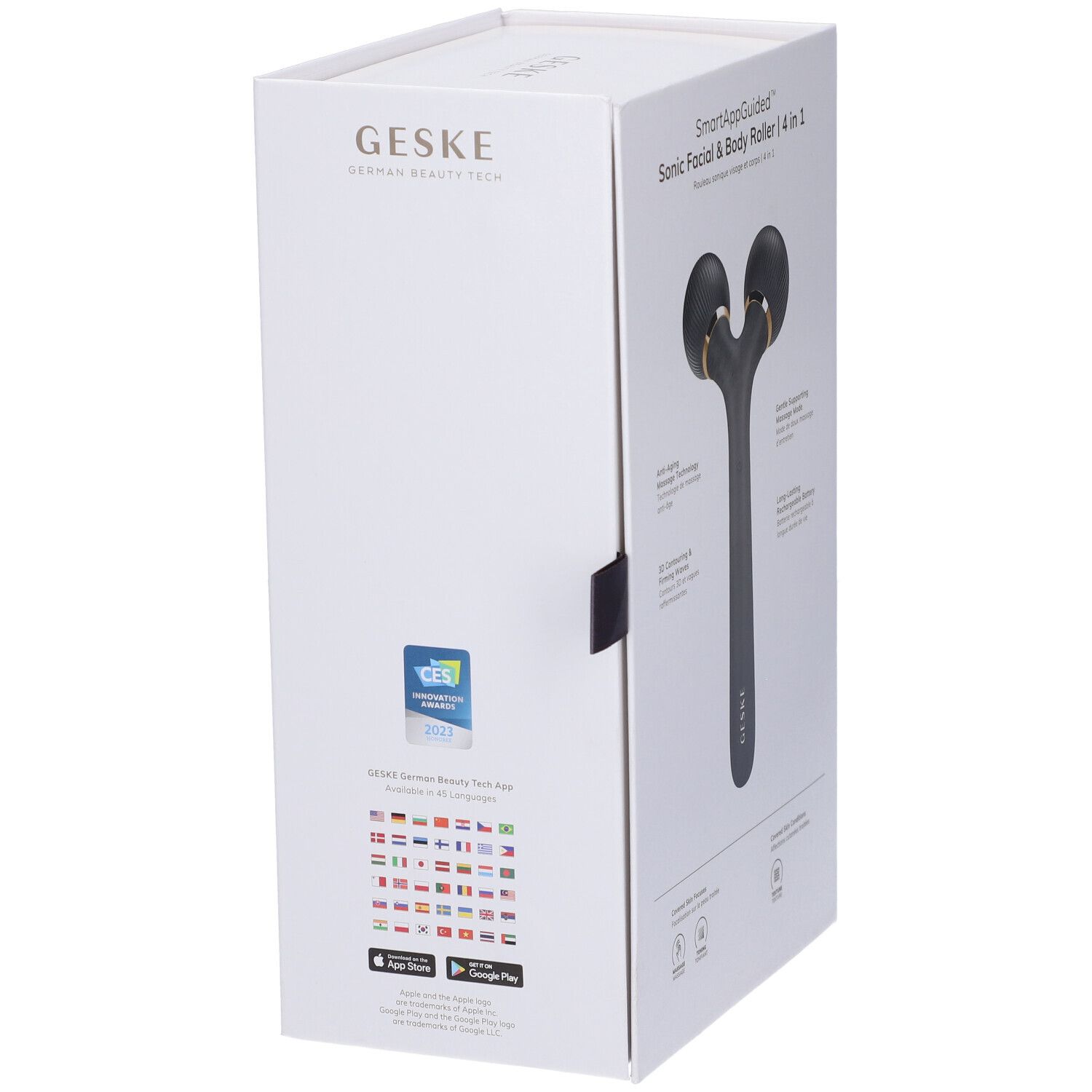 Confezione, lato. Rullo nero con due testine rotonde. Testo: GESKE, SmartAppGuided, Sonic Facial & Body Roller 4 in 1. Logo e certificazioni.