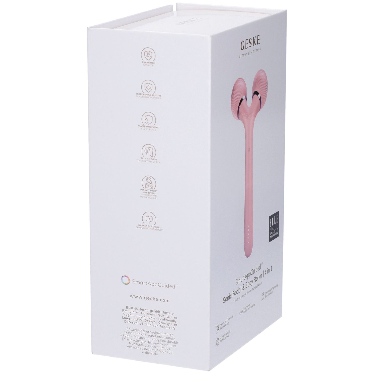 Confezione bianca con Sonic Roller rosa. Scritte: GESKE, SmartAppGuided. Immagine del prodotto. Testo e icone sul lato.