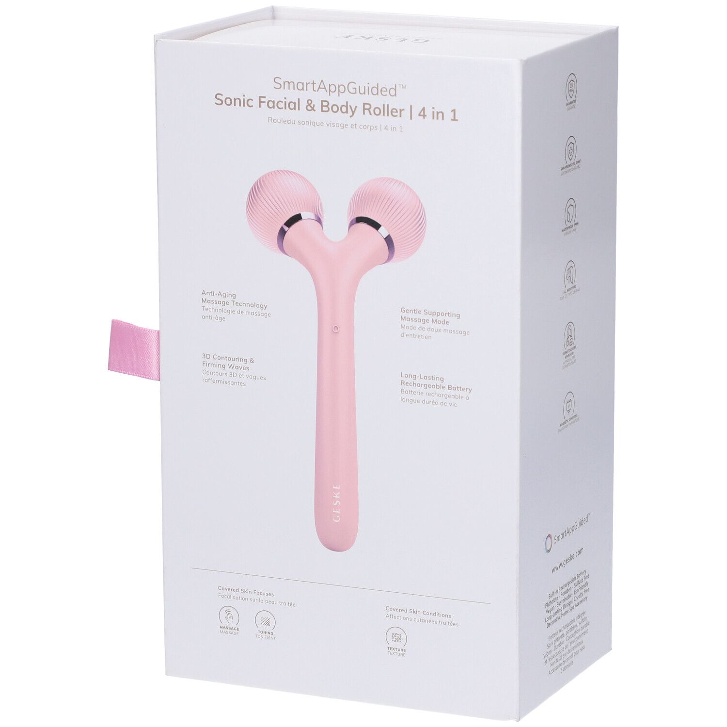 Confezione bianca con Sonic Roller rosa. Scritte: GESKE, SmartAppGuided. Immagine del prodotto con testo e icone.