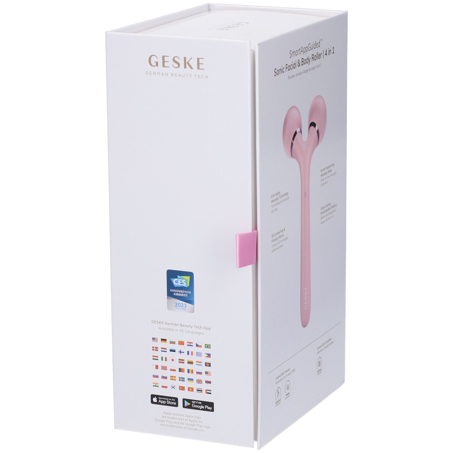 Confezione bianca con Sonic Roller rosa. Scritte: GESKE, SmartAppGuided, CES 2023. Immagine del prodotto.