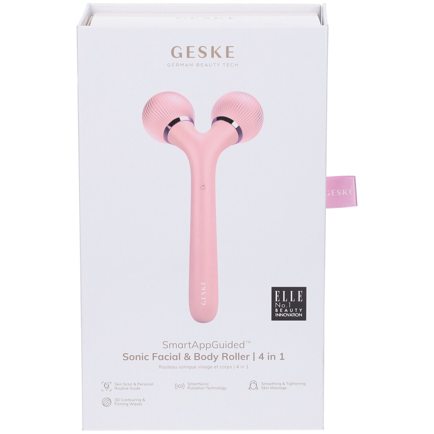 Confezione bianca con Sonic Roller rosa. Scritte: GESKE, SmartAppGuided, ELLE No.1 Beauty Innovation. Immagine del prodotto.