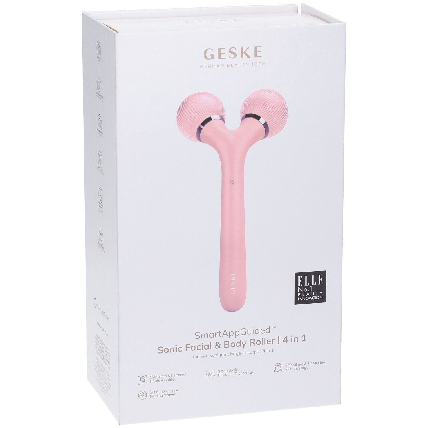 Confezione bianca con Sonic Roller rosa. Scritte: GESKE, SmartAppGuided, ELLE No.1 Beauty Innovation. Immagine del prodotto.