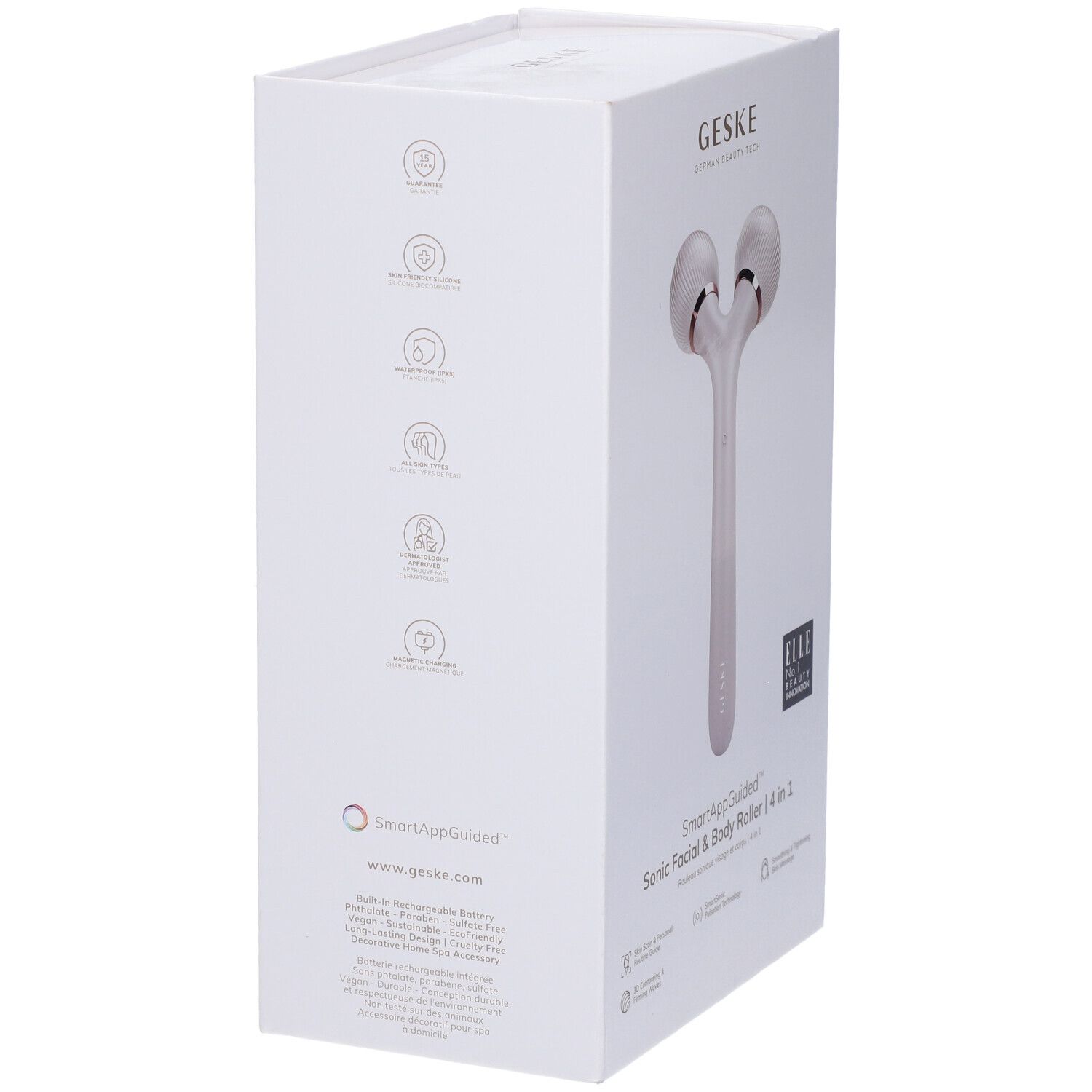 Confezione bianca GESKE. Retro con caratteristiche del prodotto e logo SmartAppGuided. Roller sonico 4 in 1.