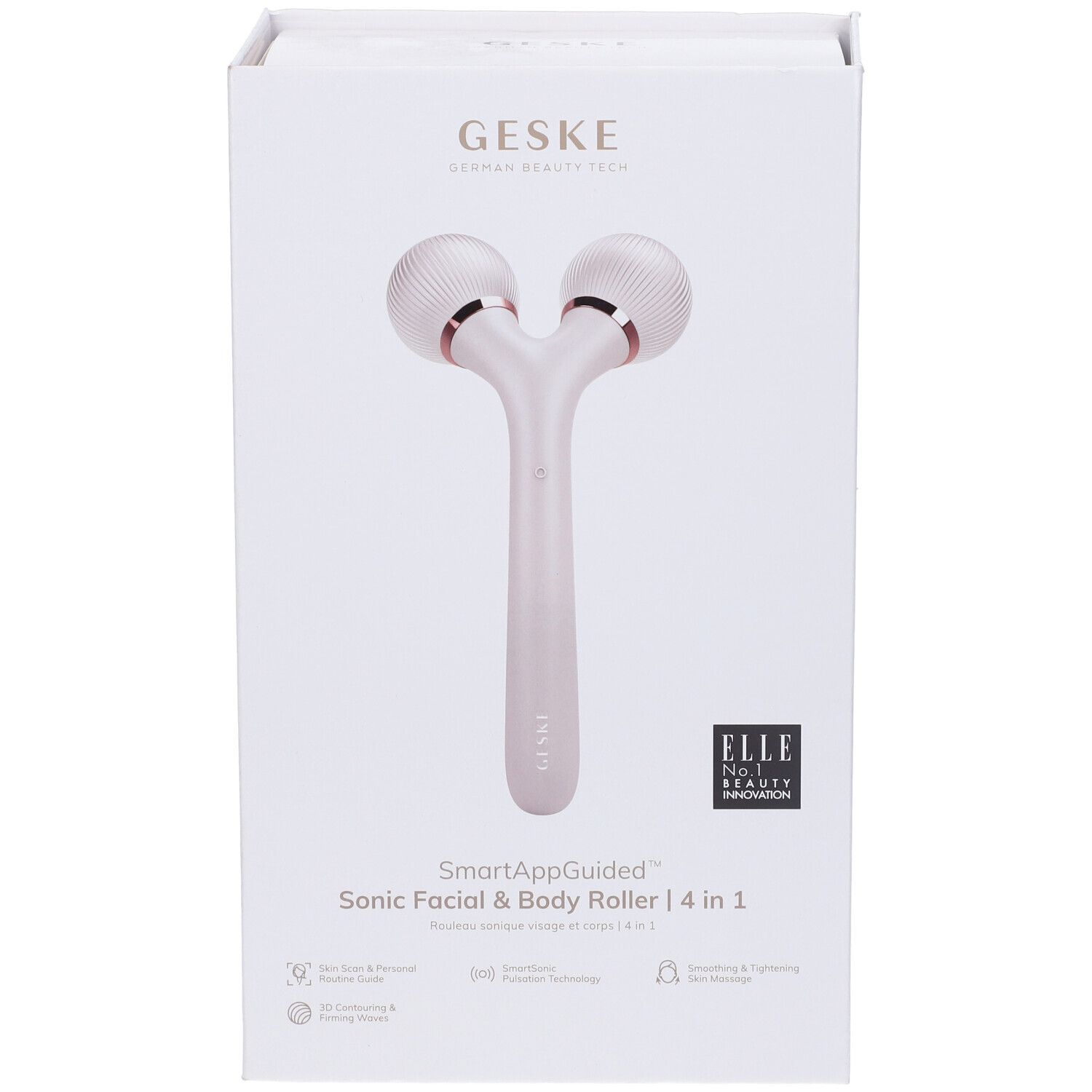Confezione bianca GESKE. Roller sonico 4 in 1. Logo ELLE. Scritta SmartAppGuided. Prodotto rosa e bianco.