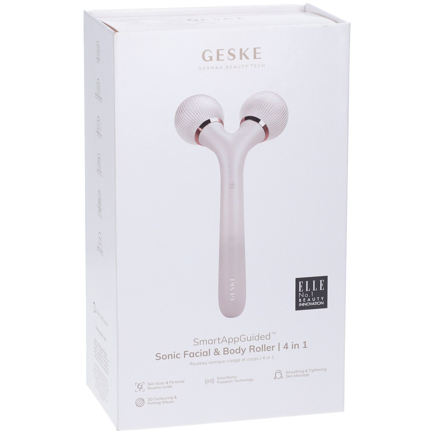 Confezione bianca GESKE. Roller sonico 4 in 1. Logo ELLE. Scritta SmartAppGuided. Prodotto rosa e bianco.