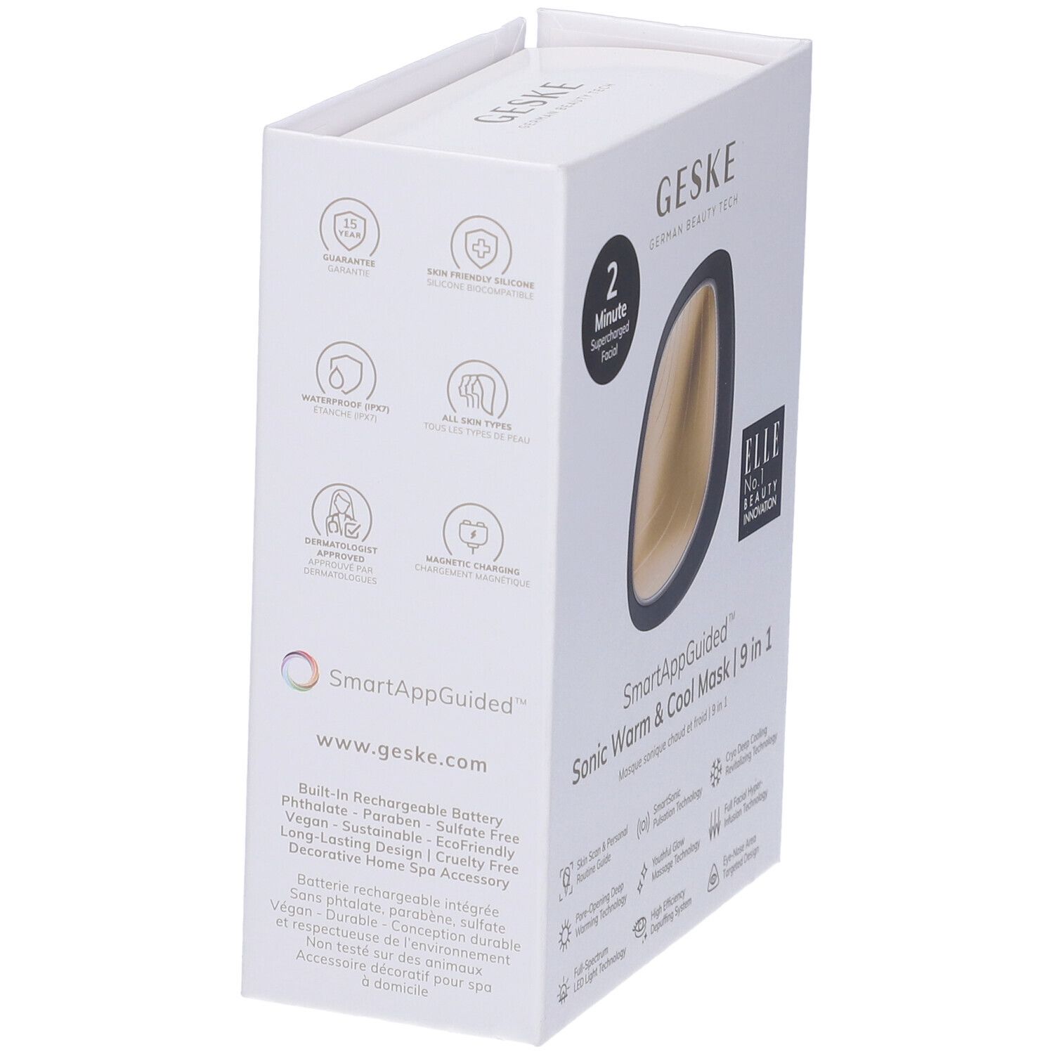 Confezione GESKE Sonic Warm & Cool Mask. Scatola bianca con immagine del prodotto e loghi. Testo su funzioni e caratteristiche.
