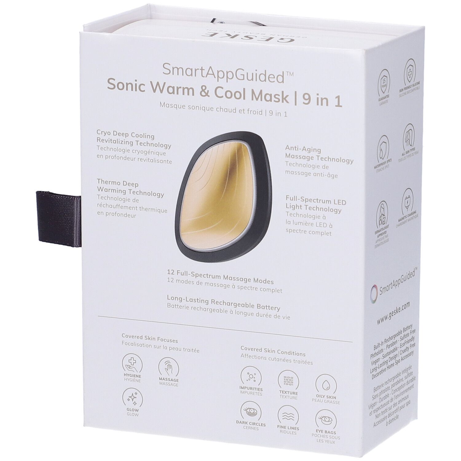 Retro della confezione GESKE Sonic Warm & Cool Mask. Scatola bianca con immagine del prodotto, testo e icone. Funzioni e caratteristiche.