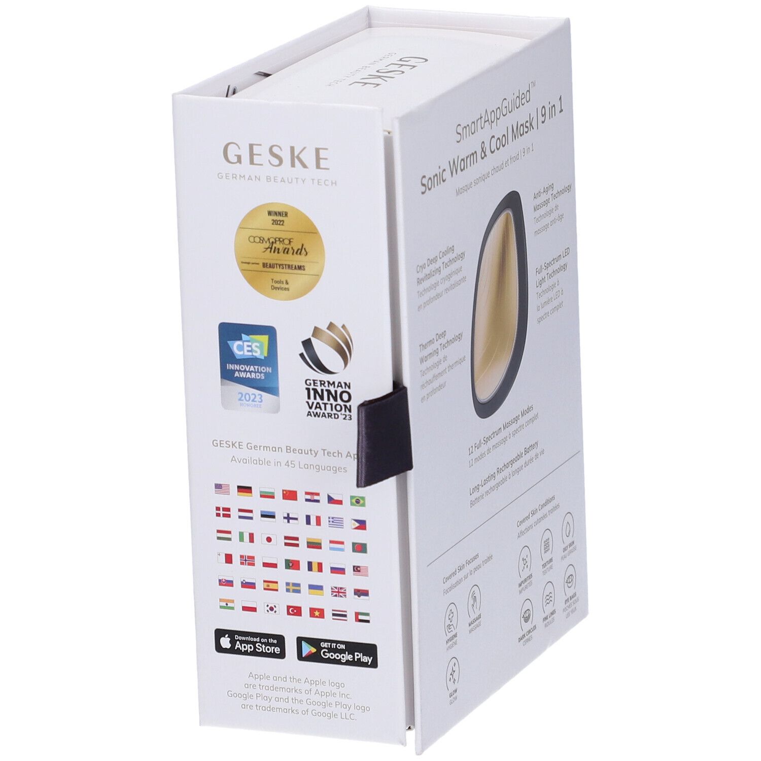 Confezione GESKE Sonic Warm & Cool Mask. Scatola bianca con immagine del prodotto, loghi e testo. Premi e indicazione dell'app.