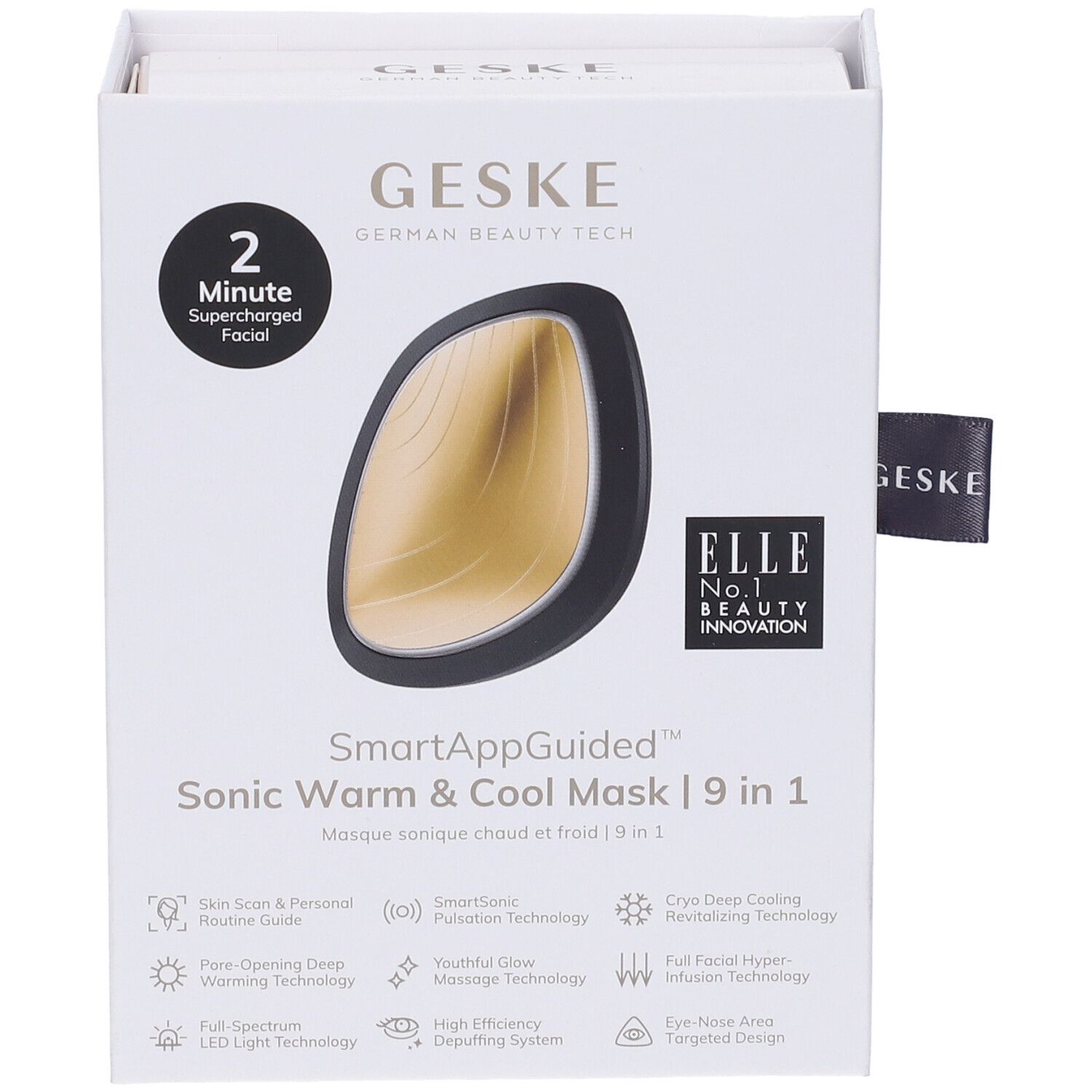 Confezione GESKE Sonic Warm & Cool Mask. Scatola bianca con immagine del prodotto, loghi e testo. Premi e indicazione dell'app.