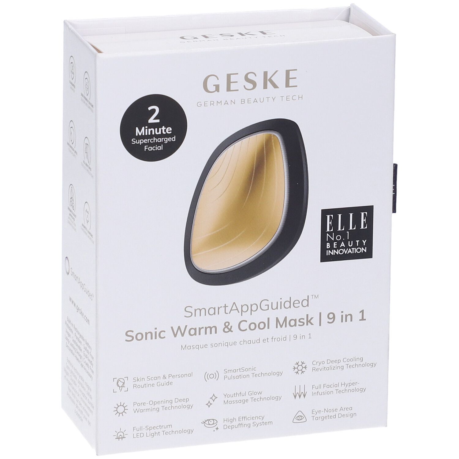 Confezione GESKE Sonic Warm & Cool Mask. Scatola bianca con immagine del prodotto, loghi e testo. Premi e indicazione dell'app.