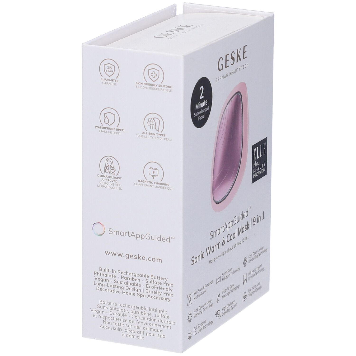 Confezione bianca, vista laterale. Testo: GESKE, SmartAppGuided Sonic Warm & Cool Mask | 9 in 1. Dettagli su funzioni e ingredienti.