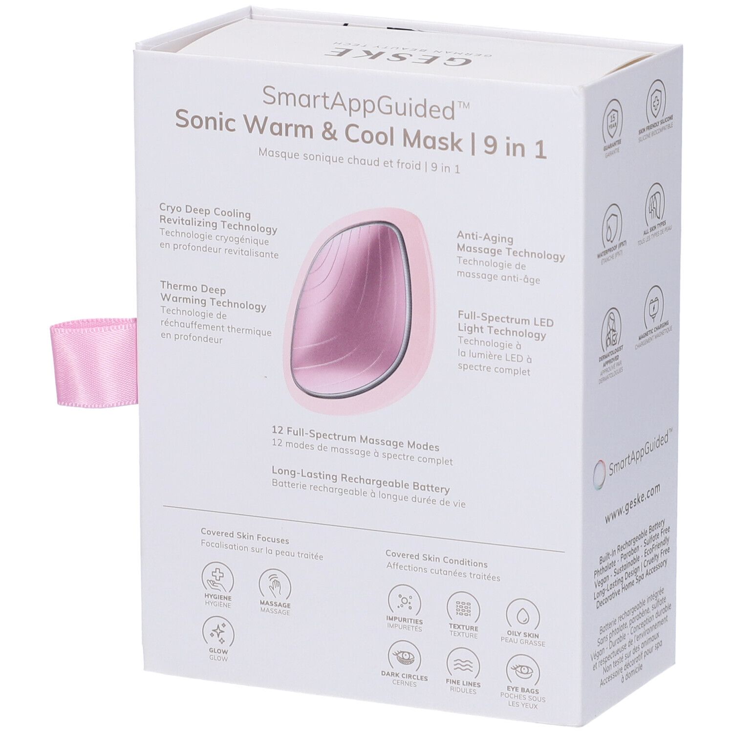 Confezione bianca, retro. Testo: GESKE, SmartAppGuided Sonic Warm & Cool Mask | 9 in 1. Funzioni, modalità di massaggio.