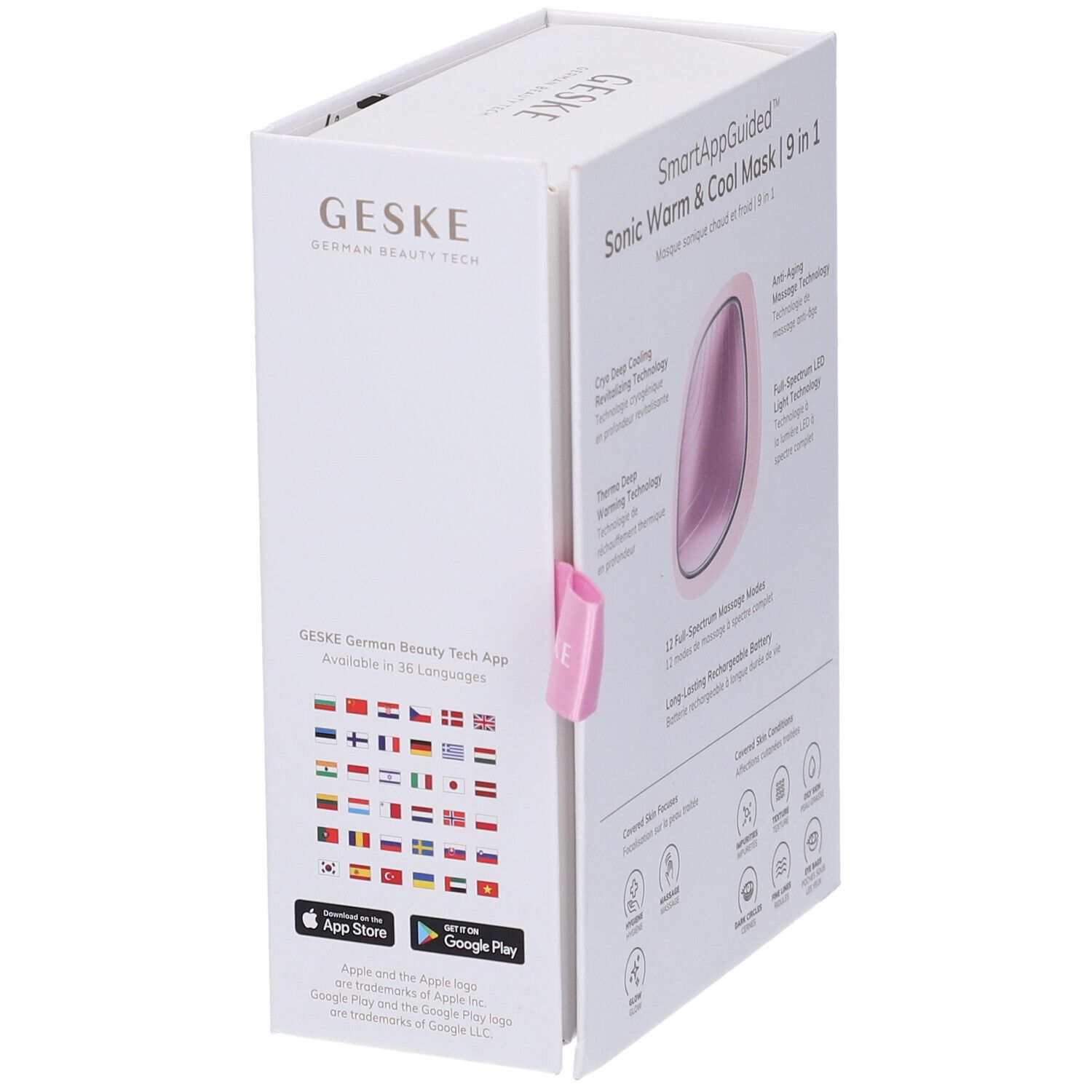 Confezione bianca, vista laterale. Testo: GESKE, SmartAppGuided Sonic Warm & Cool Mask | 9 in 1. Informazioni sull'app, loghi.