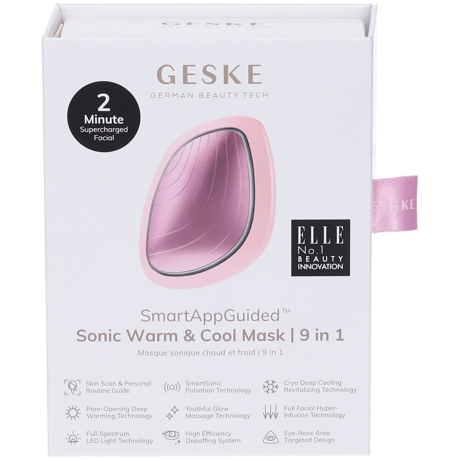 Confezione bianca con dispositivo rosa. Testo: GESKE, SmartAppGuided Sonic Warm & Cool Mask | 9 in 1. Logo ELLE.
