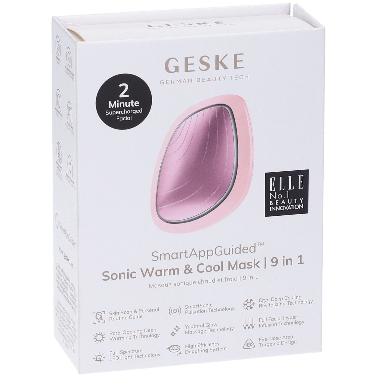 Confezione bianca con dispositivo rosa. Testo: GESKE, SmartAppGuided Sonic Warm & Cool Mask | 9 in 1. Logo ELLE.
