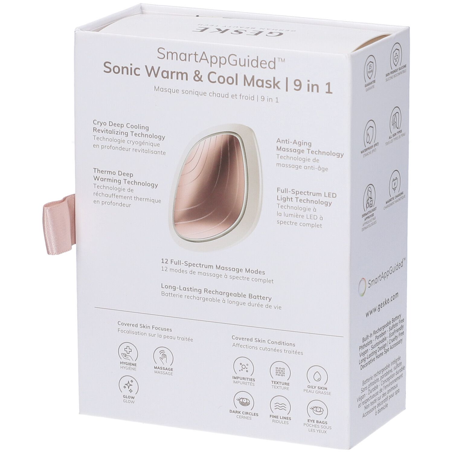 Confezione bianca. Testo: GESKE, SmartAppGuided Sonic Warm & Cool Mask | 9 in 1. Caratteristiche del prodotto.
