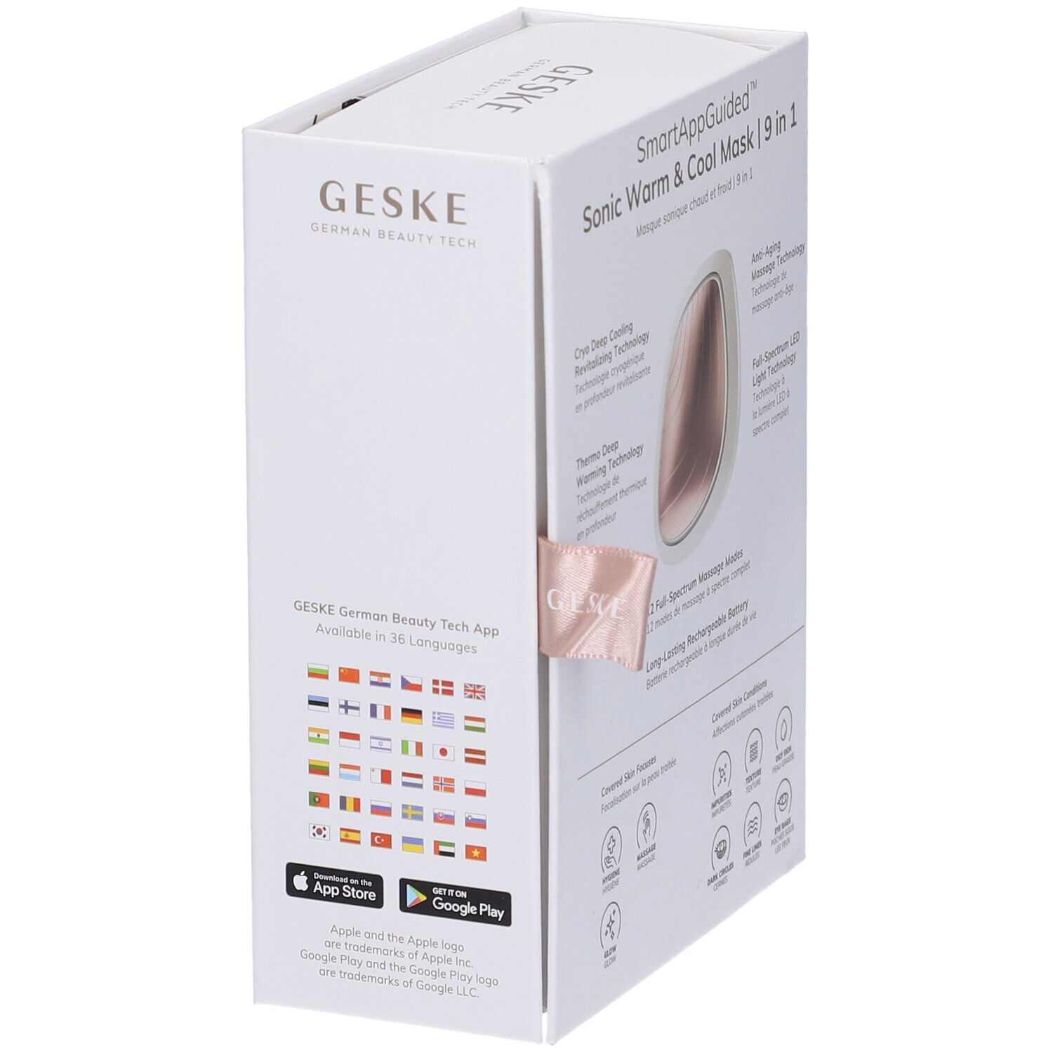 Confezione bianca. Testo: GESKE, SmartAppGuided Sonic Warm & Cool Mask | 9 in 1. Informazioni sull'app.