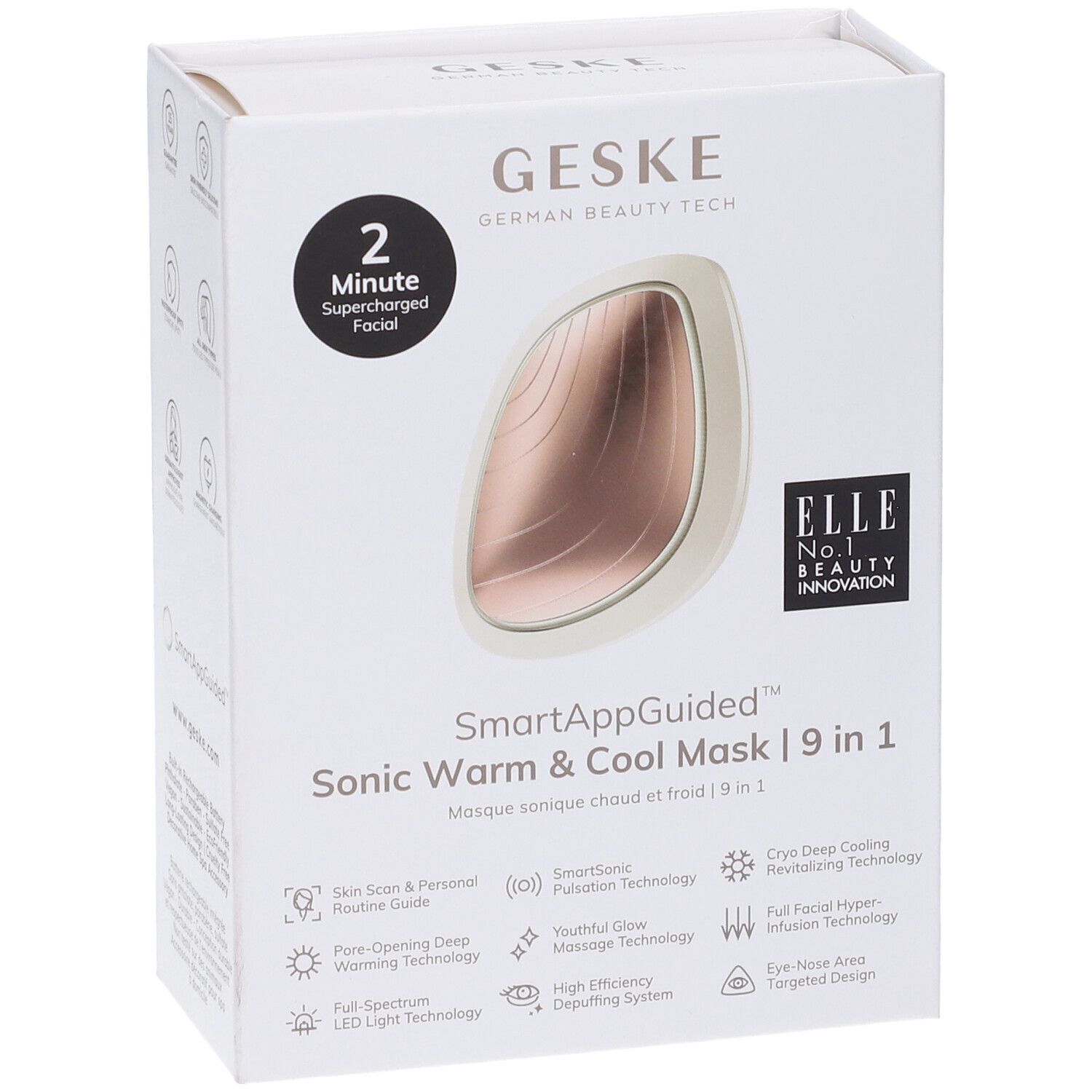 Confezione bianca con immagine del prodotto. Testo: GESKE, SmartAppGuided Sonic Warm & Cool Mask | 9 in 1. Logo ELLE.