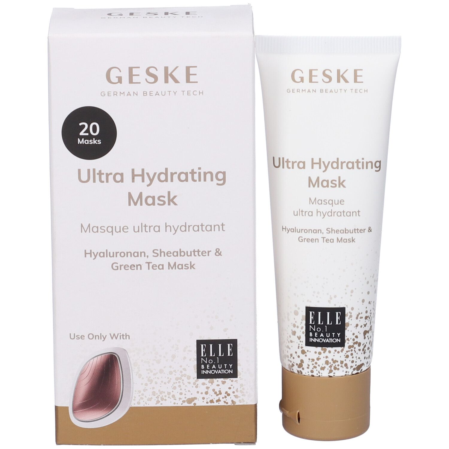 Confezione e tubo. Confezione: bianca, dorata, scritta GESKE, Ultra Hydrating Mask, 20 Maschere, premio ELLE.
