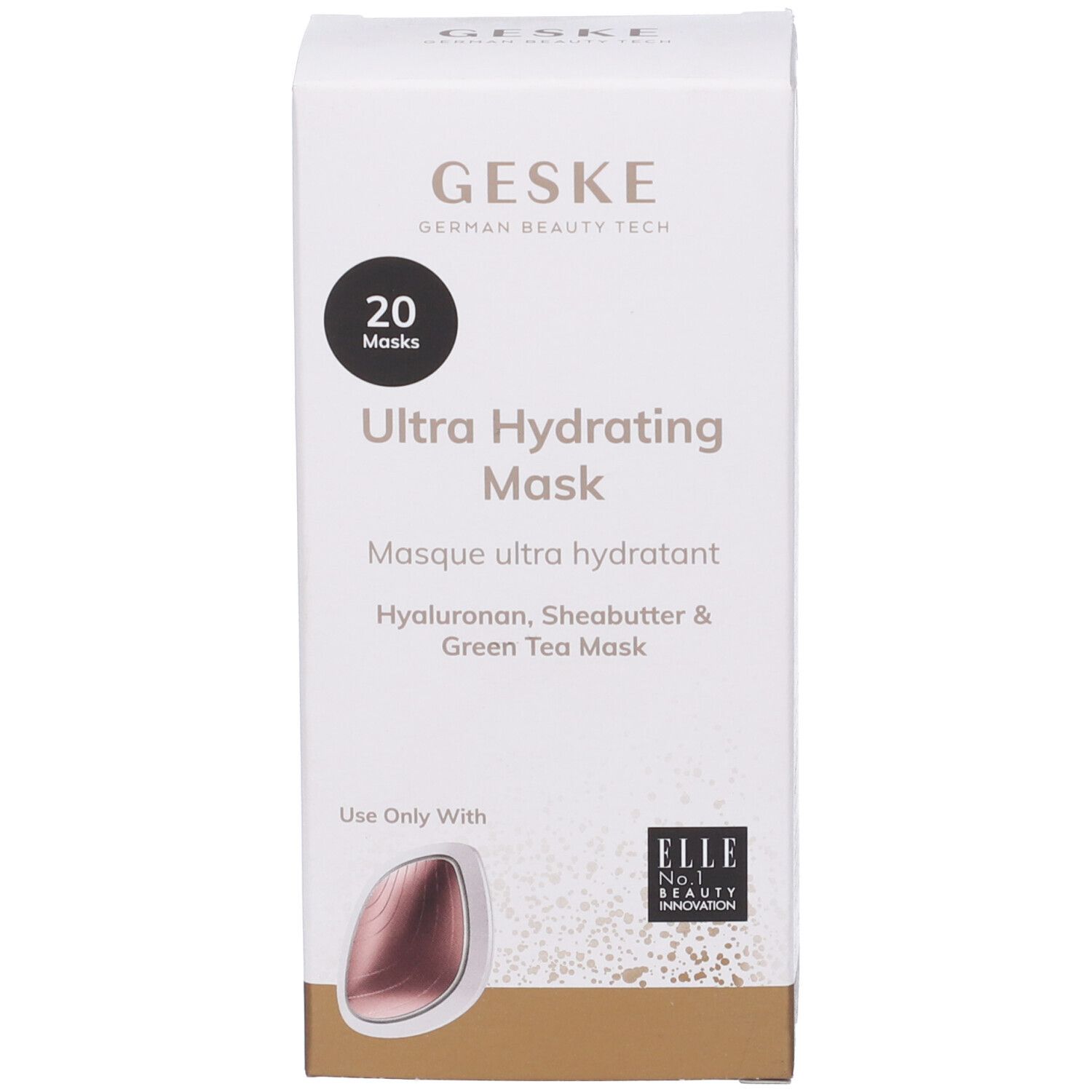 Confezione bianca con base dorata. Scritta: GESKE, Ultra Hydrating Mask, 20 Maschere, premio ELLE.
