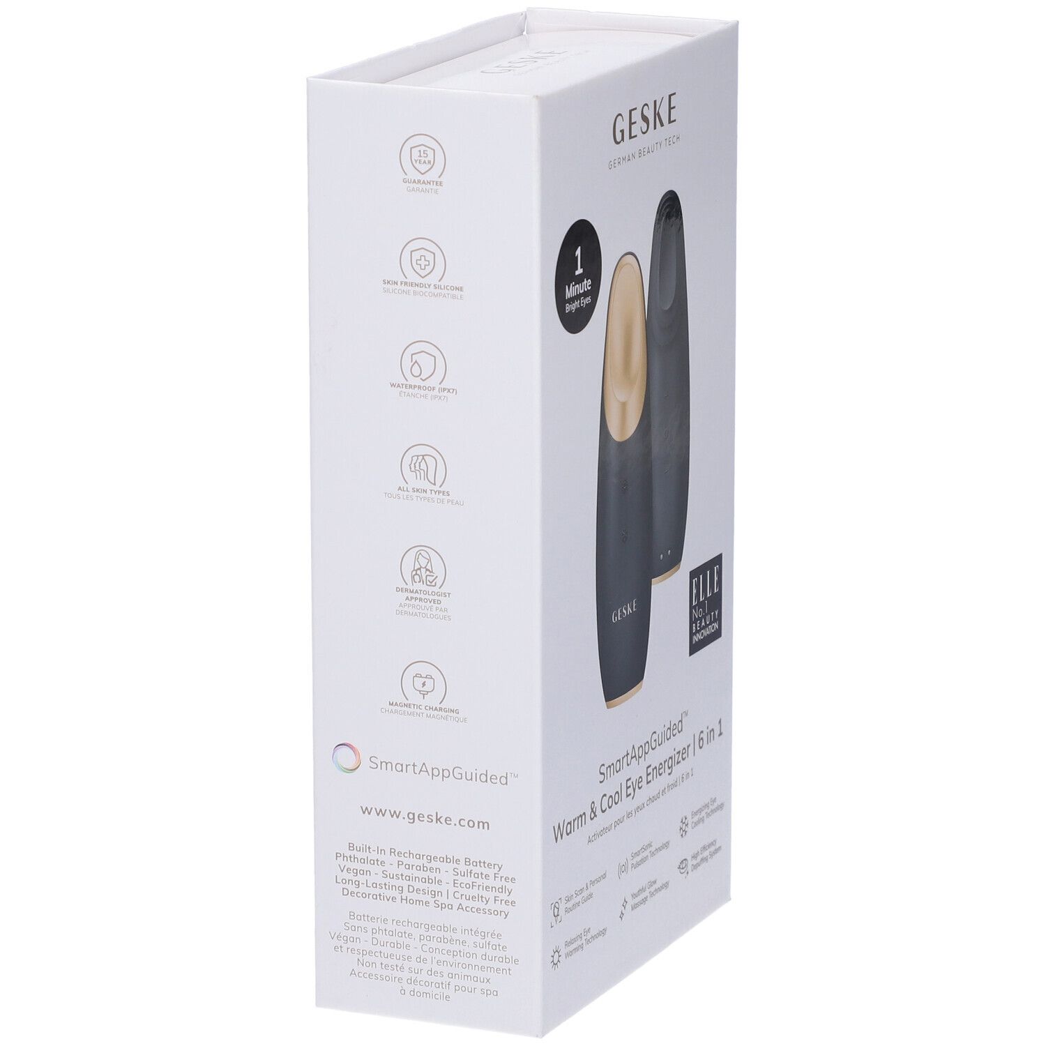 Confezione prodotto, scatola bianca con testo e simboli. Logo GESKE. SmartAppGuided Warm & Cool Eye Energizer 6 in 1. Informazioni e icone.