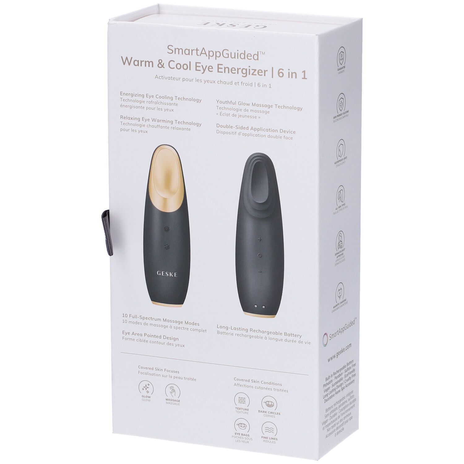 Retro della confezione del prodotto. Due dispositivi neri raffigurati. Testo: SmartAppGuided Warm & Cool Eye Energizer 6 in 1. Caratteristiche del prodotto.