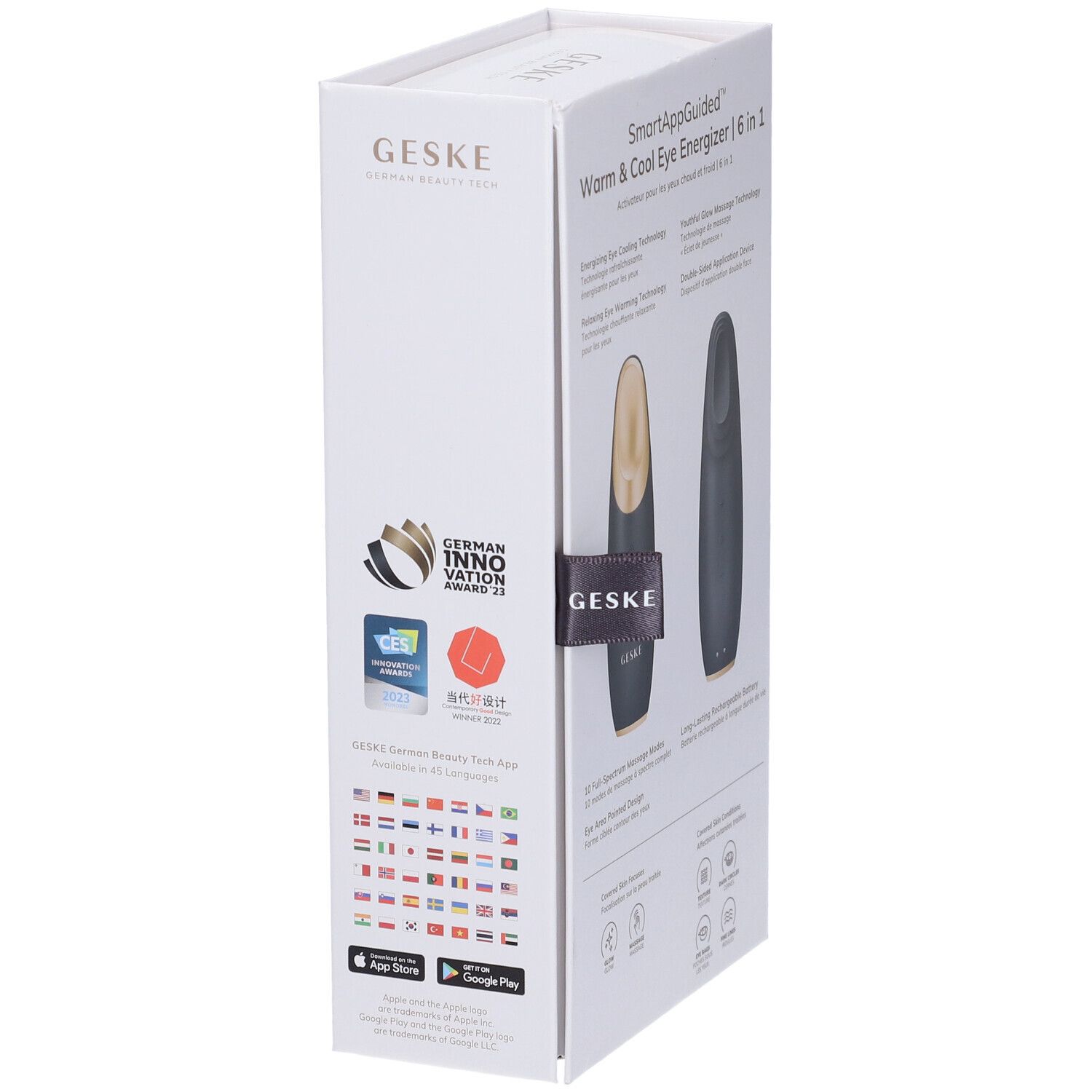 Confezione prodotto, scatola bianca con logo e riconoscimenti. Logo GESKE. SmartAppGuided Warm & Cool Eye Energizer 6 in 1. Informazioni sull'app.