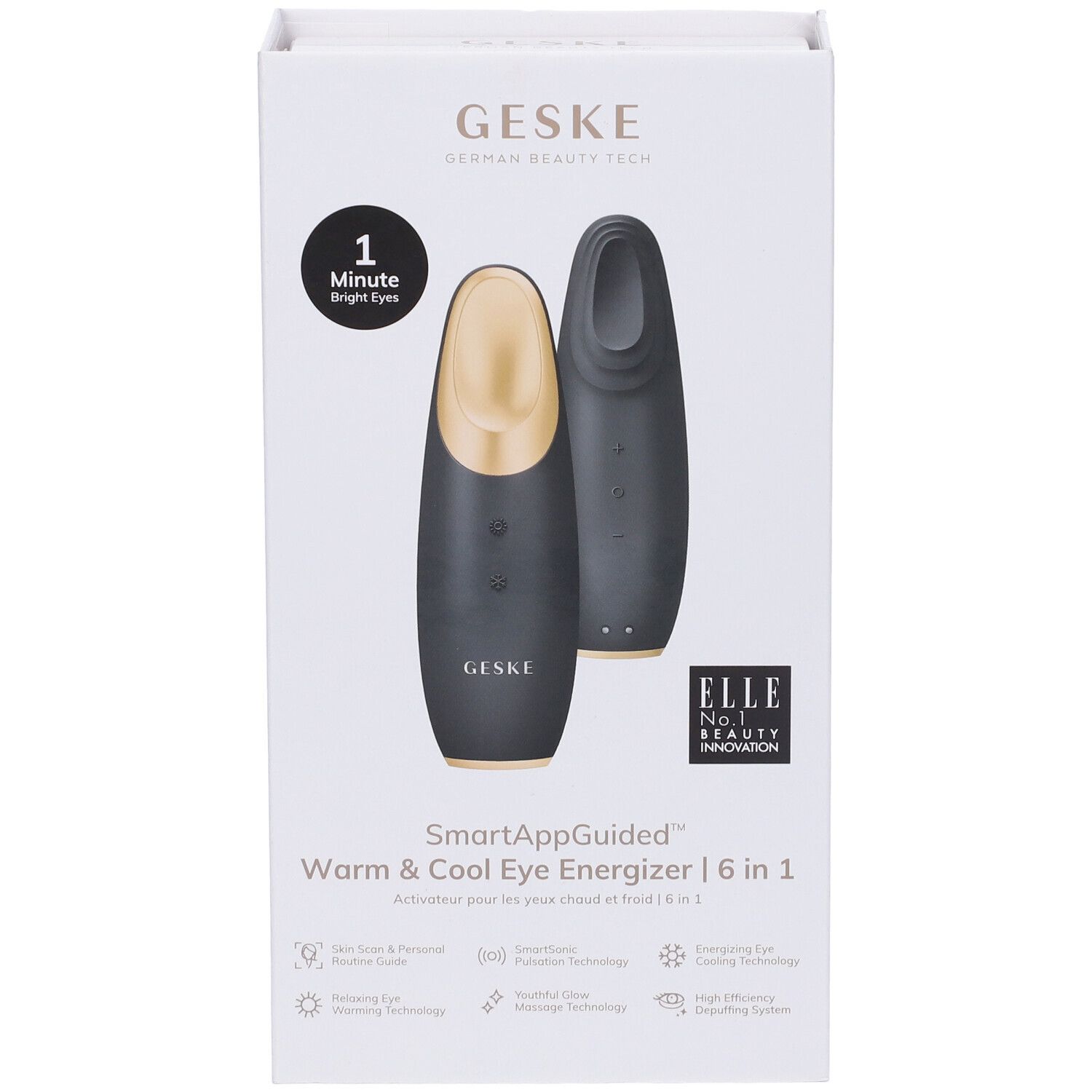 Confezione prodotto con due dispositivi neri e dorati. Testo: GESKE, SmartAppGuided Warm & Cool Eye Energizer 6 in 1. Riconoscimento ELLE.