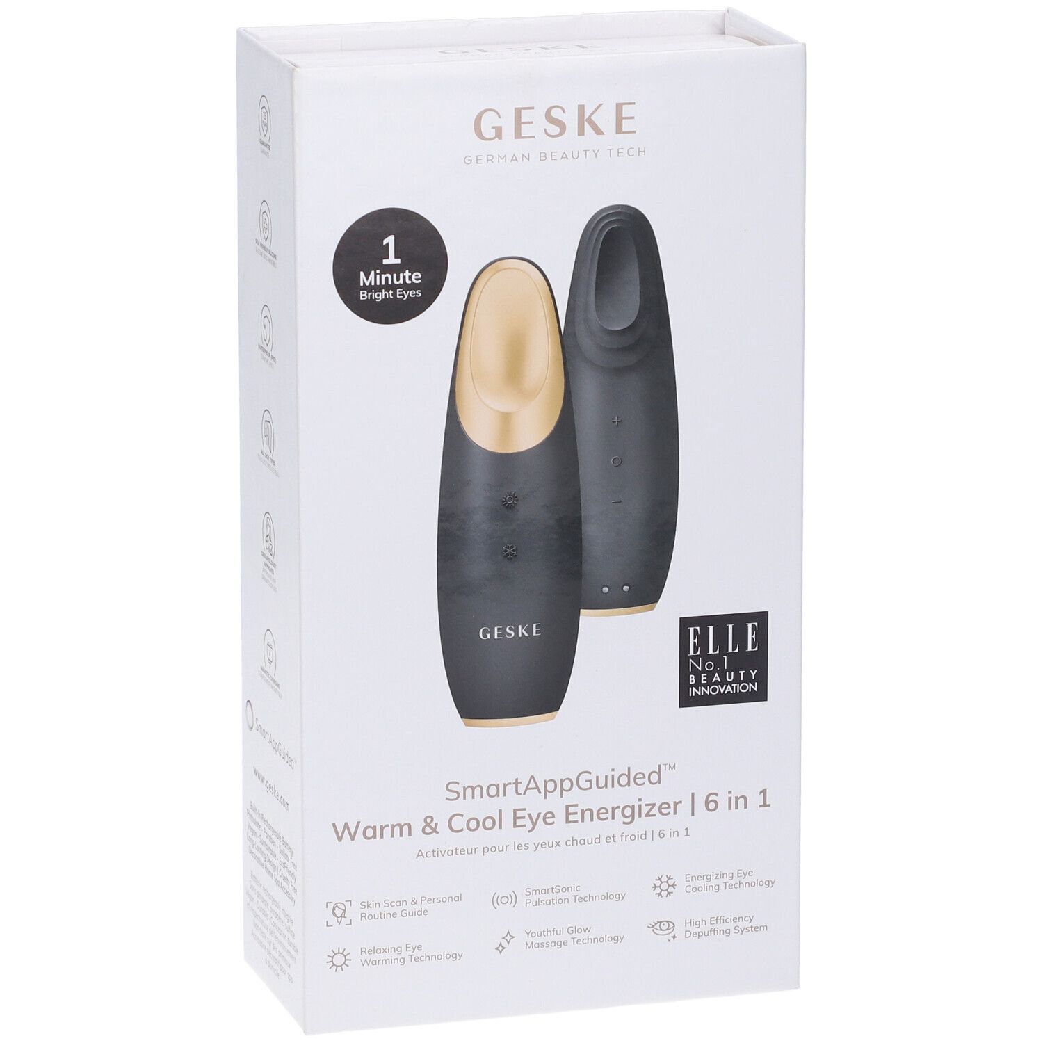 Confezione prodotto con due dispositivi neri e dorati. Testo: GESKE, SmartAppGuided Warm & Cool Eye Energizer 6 in 1. Riconoscimento ELLE.