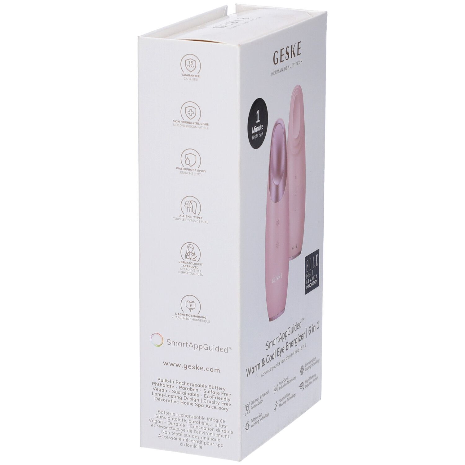 Vista laterale della confezione GESKE Warm&Cool Eye Energizer. Loghi e caratteristiche del prodotto stampati.