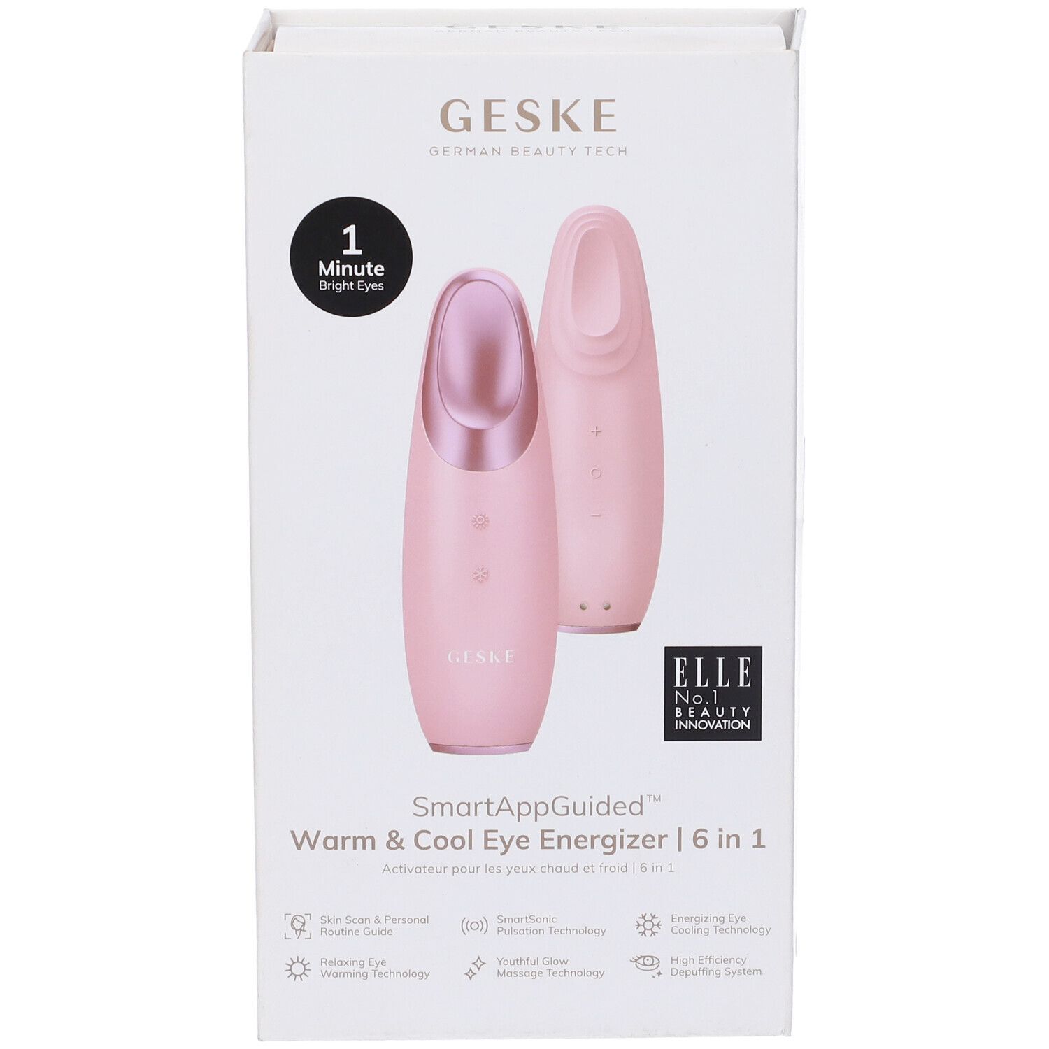 Confezione rosa GESKE Warm&Cool Eye Energizer. Scritte: SmartAppGuided, 6 in 1, premio ELLE. Logo GESKE.