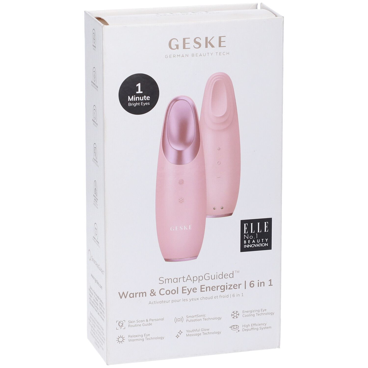Confezione rosa GESKE Warm&Cool Eye Energizer. Scritte: SmartAppGuided, 6 in 1, premio ELLE. Logo GESKE.