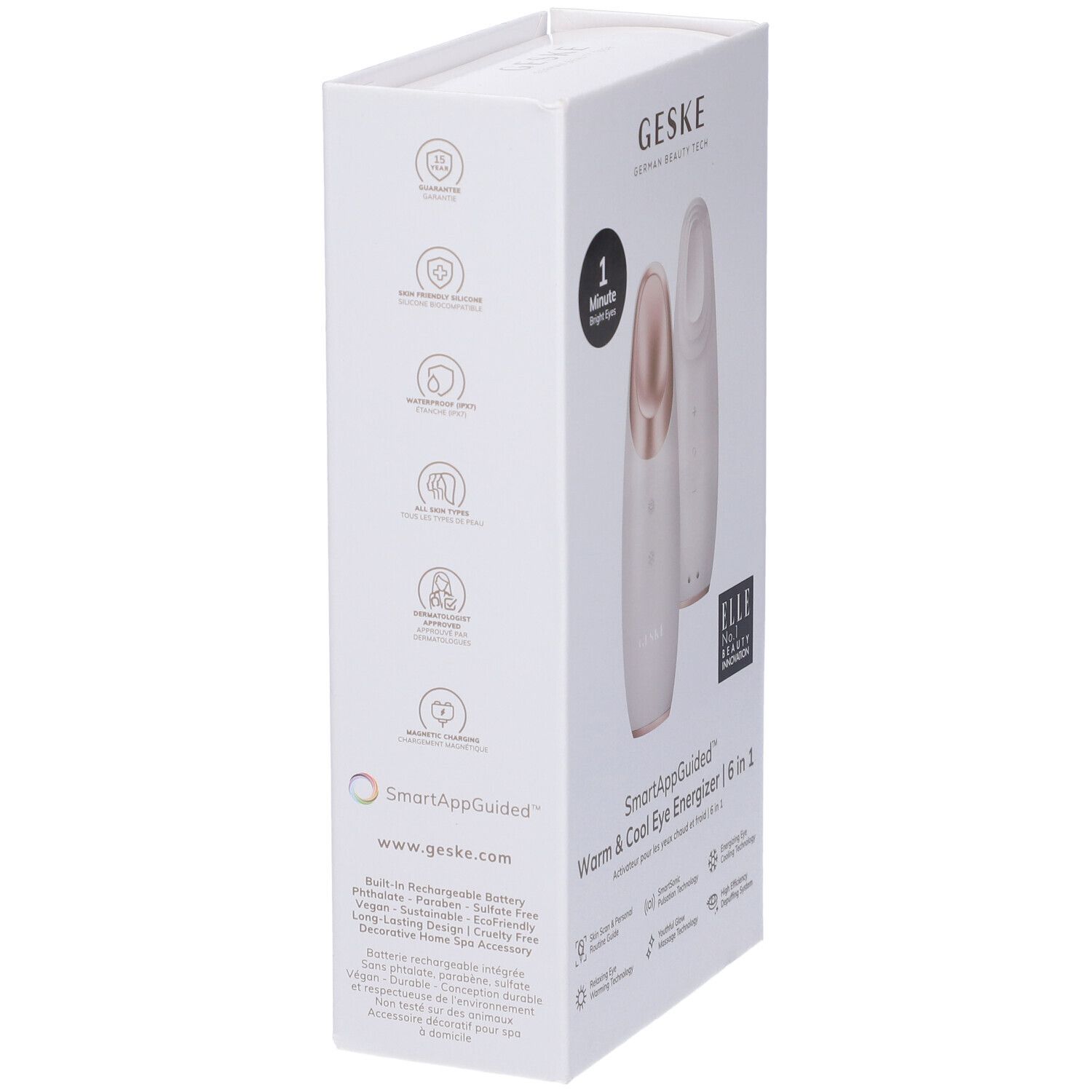 Confezione bianca del prodotto, vista laterale. Scritta: GESKE, SmartAppGuided Warm & Cool Eye Energizer 6 in 1. Con pittogrammi e testo.