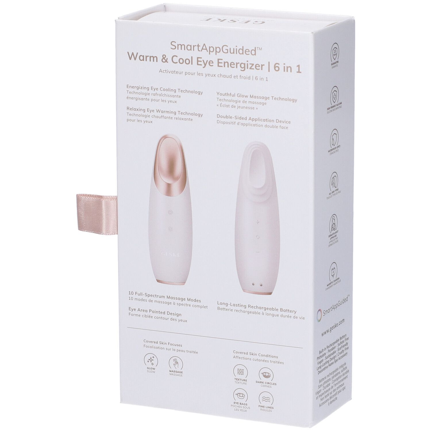 Confezione bianca del prodotto, vista posteriore. Scritta: GESKE, SmartAppGuided Warm & Cool Eye Energizer 6 in 1. Con immagine del prodotto e testo.
