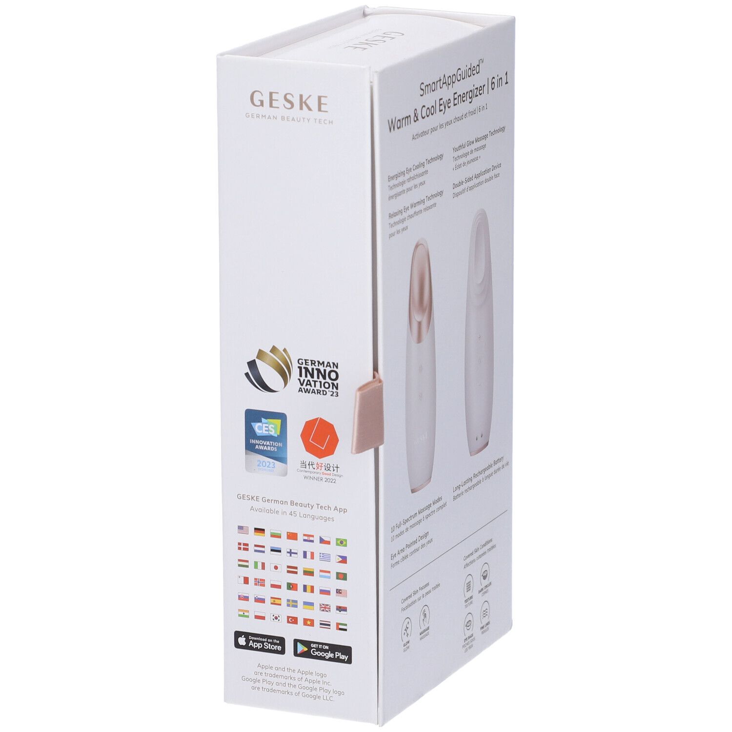 Confezione bianca del prodotto, vista laterale. Scritta: GESKE, SmartAppGuided Warm & Cool Eye Energizer 6 in 1. Con logo e testo.