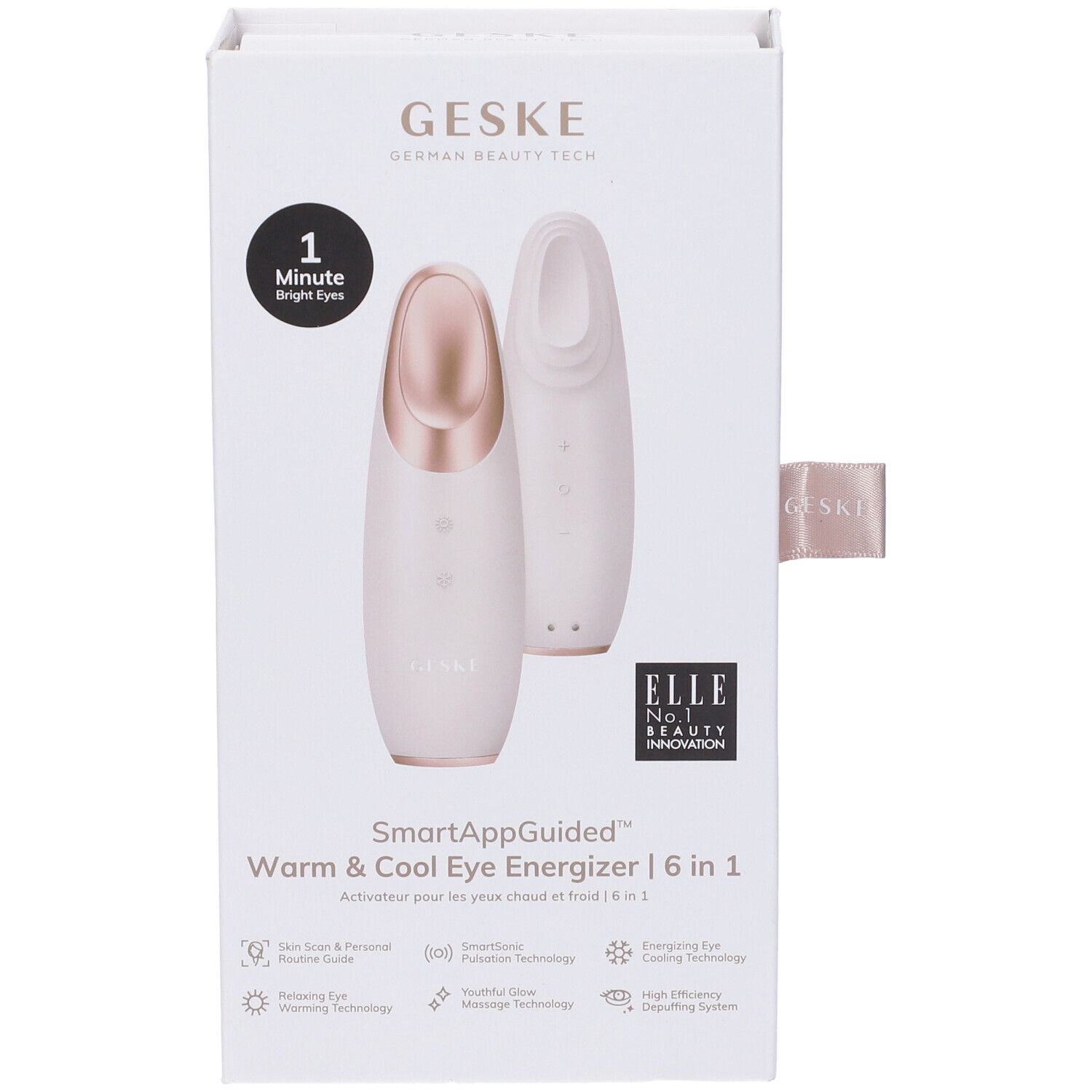 Confezione bianca del prodotto con immagine del prodotto. Scritta: GESKE, SmartAppGuided Warm & Cool Eye Energizer 6 in 1. Con logo ELLE.