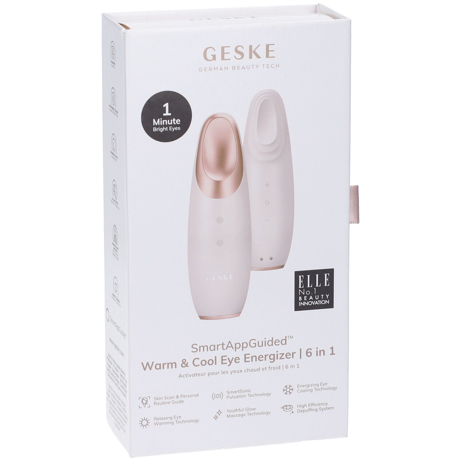 Confezione bianca del prodotto con immagine del prodotto. Scritta: GESKE, SmartAppGuided Warm & Cool Eye Energizer 6 in 1. Con logo ELLE.
