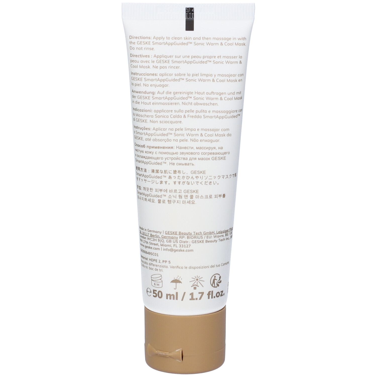 Retro di un tubo bianco. Testo in più lingue. In basso: 50 ml / 1.7 fl.oz. Tappo marrone.