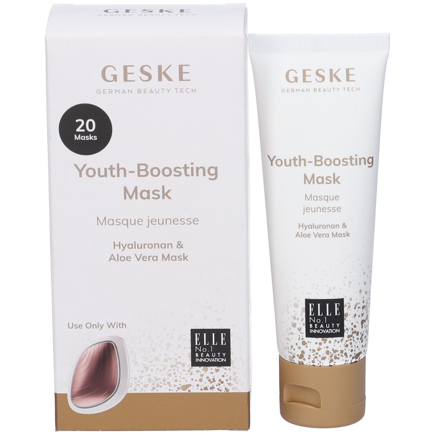 Scatola bianca e tubo. Scritta: GESKE, Youth-Boosting Mask, Masque jeunesse, Hyaluronan & Aloe Vera Mask. 20 maschere. Logo ELLE.