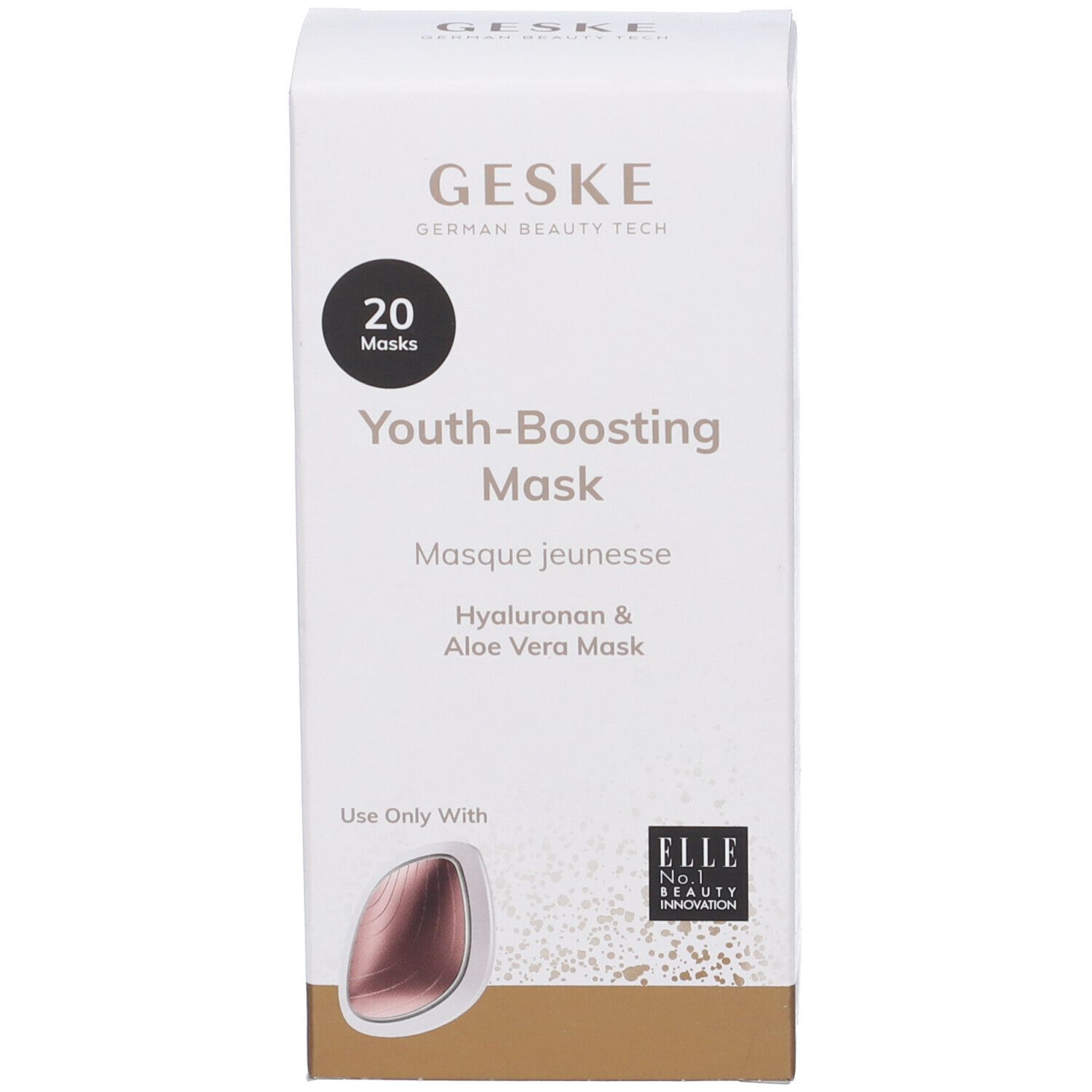 Scatola bianca. Scritta: GESKE, Youth-Boosting Mask, Masque jeunesse, Hyaluronan & Aloe Vera Mask. 20 maschere. Logo ELLE.