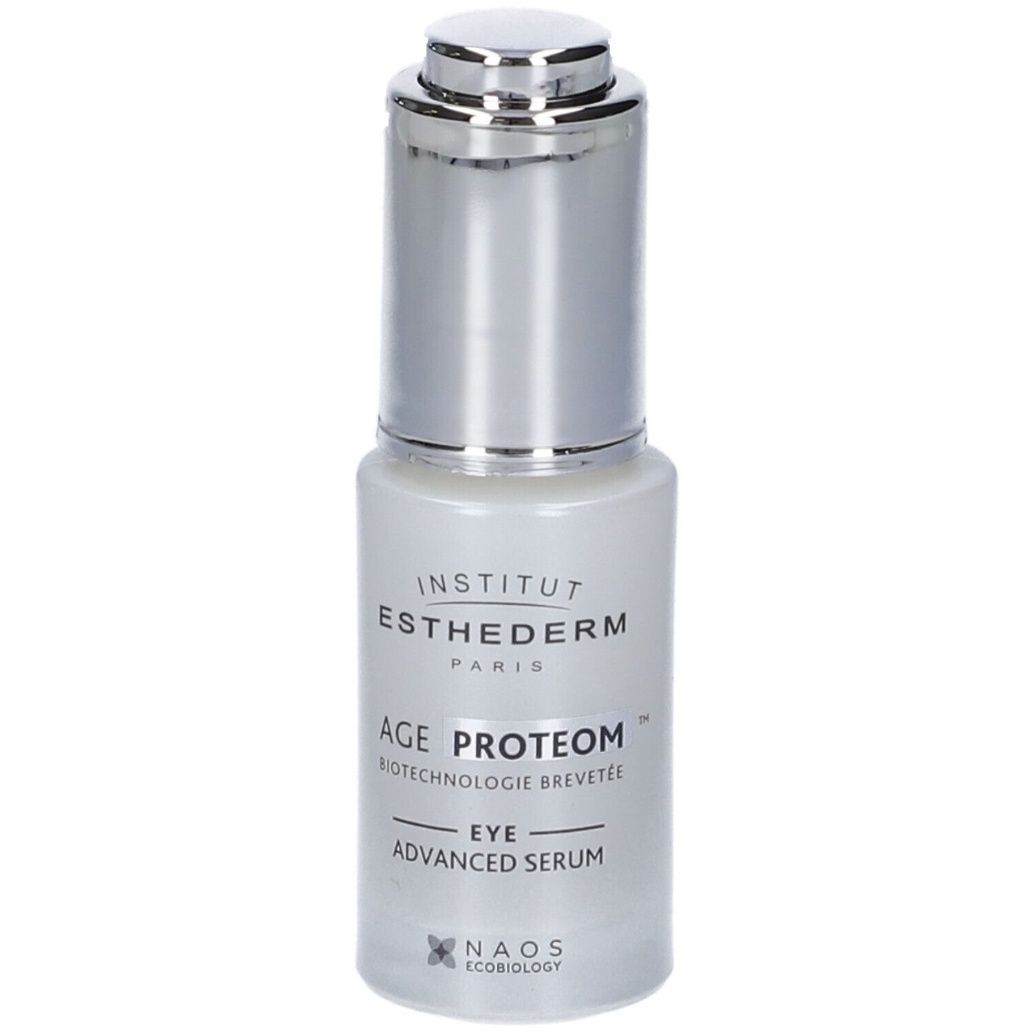 Piccola bottiglia ovale con tappo argentato. Scritta: Institut Esthederm, Age Proteom Eye Advanced Serum.