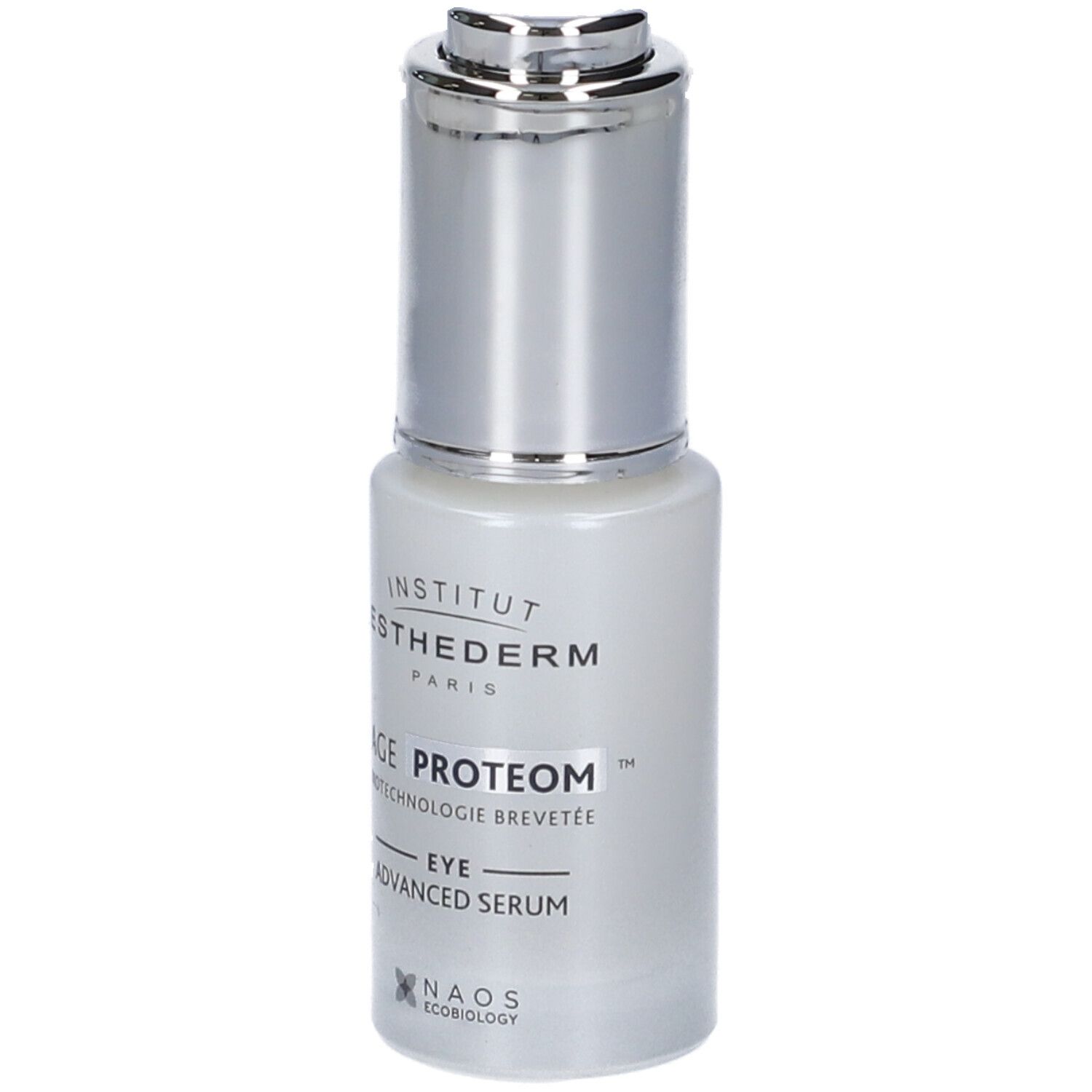 Piccola bottiglia ovale con tappo argentato. Scritta: Institut Esthederm, Age Proteom Eye Advanced Serum.