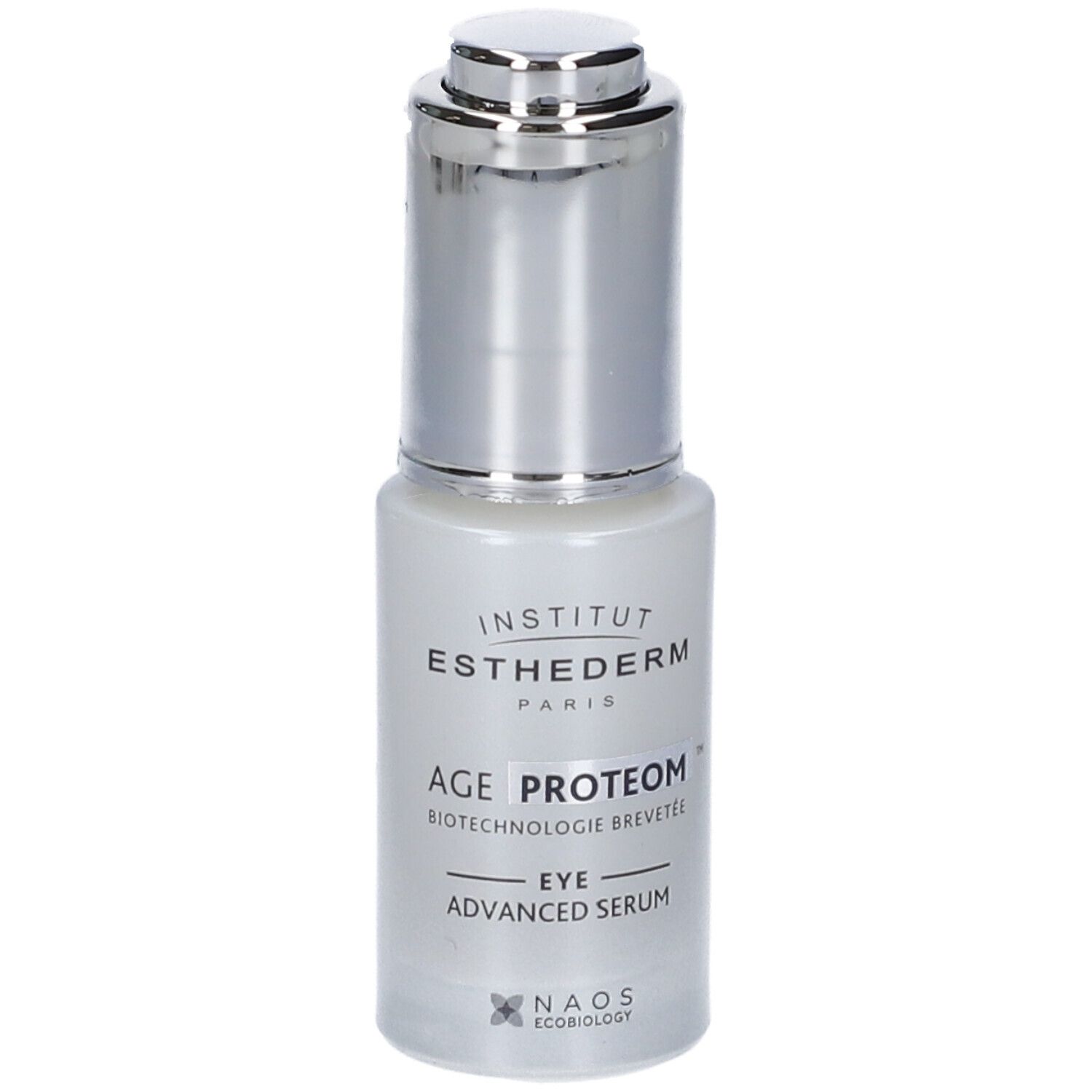 Piccola bottiglia ovale con tappo argentato. Scritta: Institut Esthederm, Age Proteom Eye Advanced Serum.