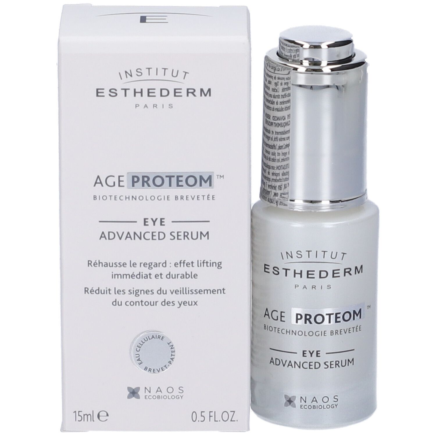 Flacone e confezione del prodotto. Scritta: Institut Esthederm, Age Proteom Eye Advanced Serum. Confezione con testo.