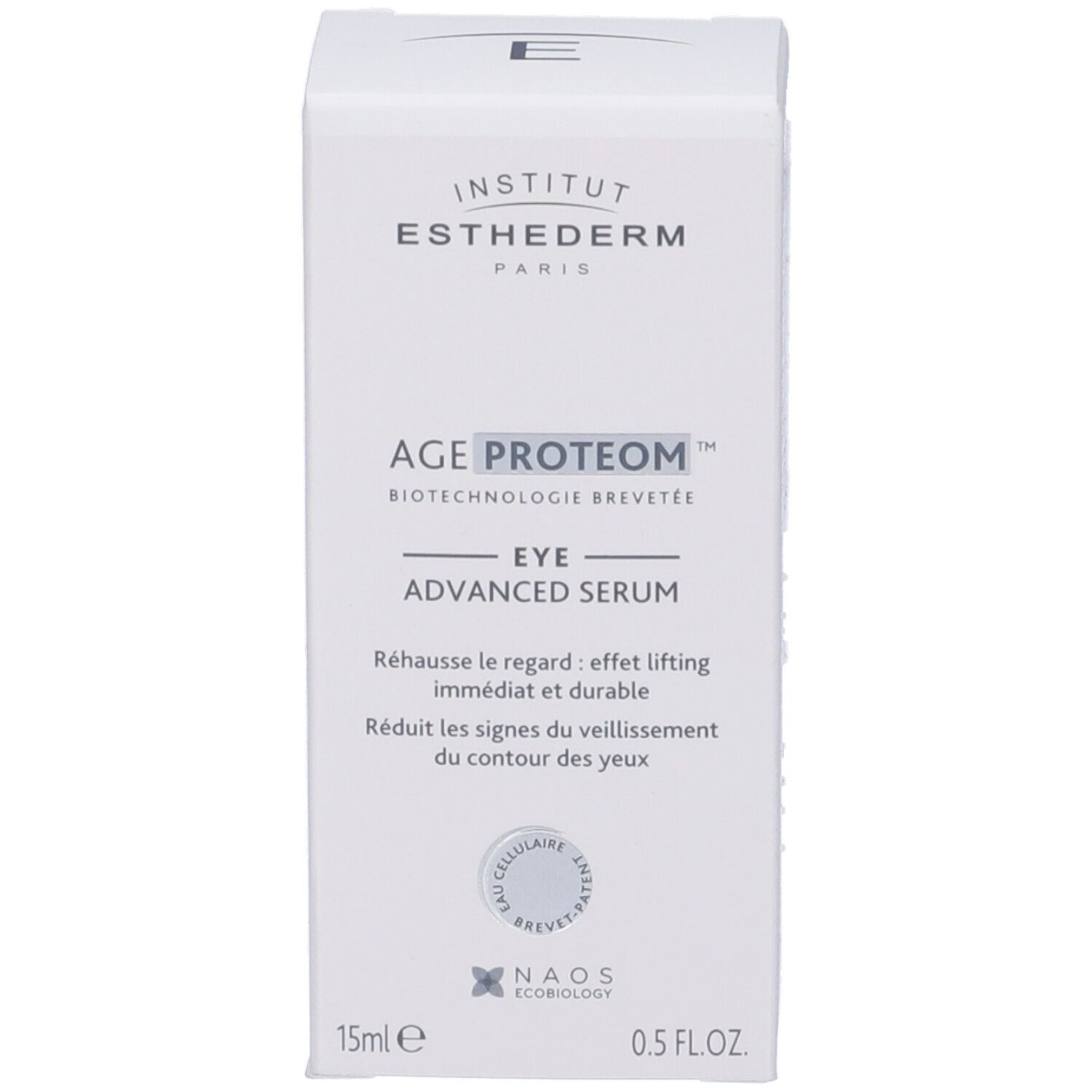 Confezione del prodotto. Scritta: Institut Esthederm, Age Proteom Eye Advanced Serum. Testo sull'effetto lifting e riduzione dei segni.