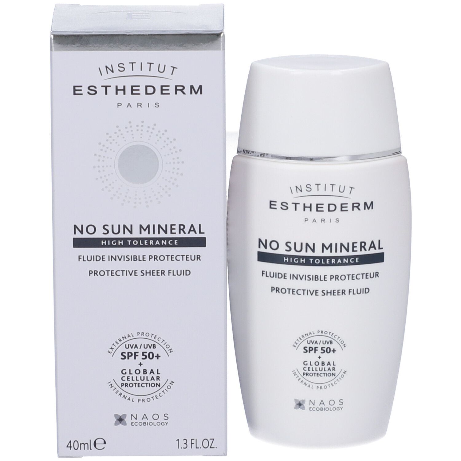 Prodotto e confezione. Flacone e scatola bianchi. Scritte: Institut Esthederm, No Sun Mineral, SPF 50+.